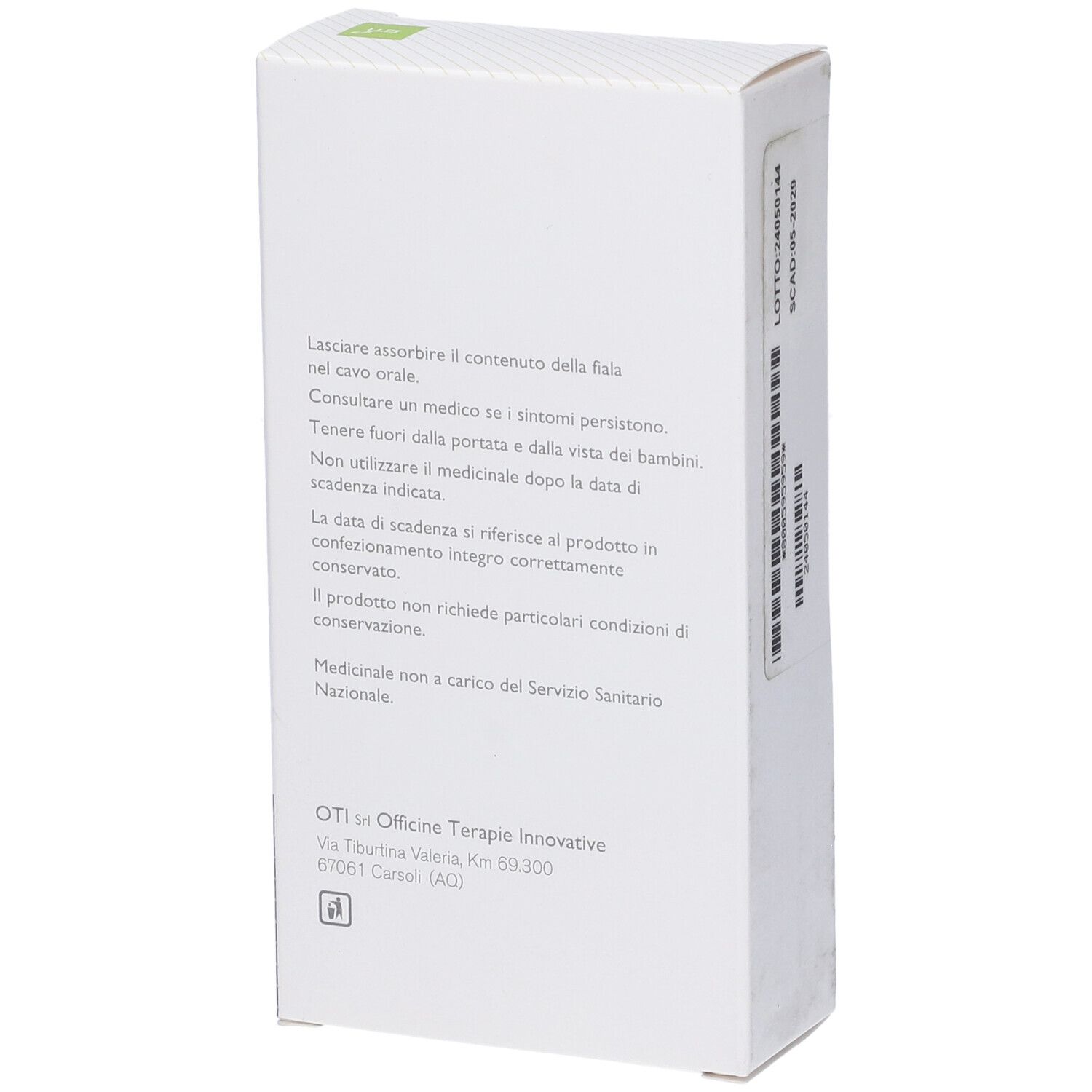 Retro della confezione Gamma Difensoti. Testo: istruzioni per l'uso, avvertenze, indirizzo OTI.