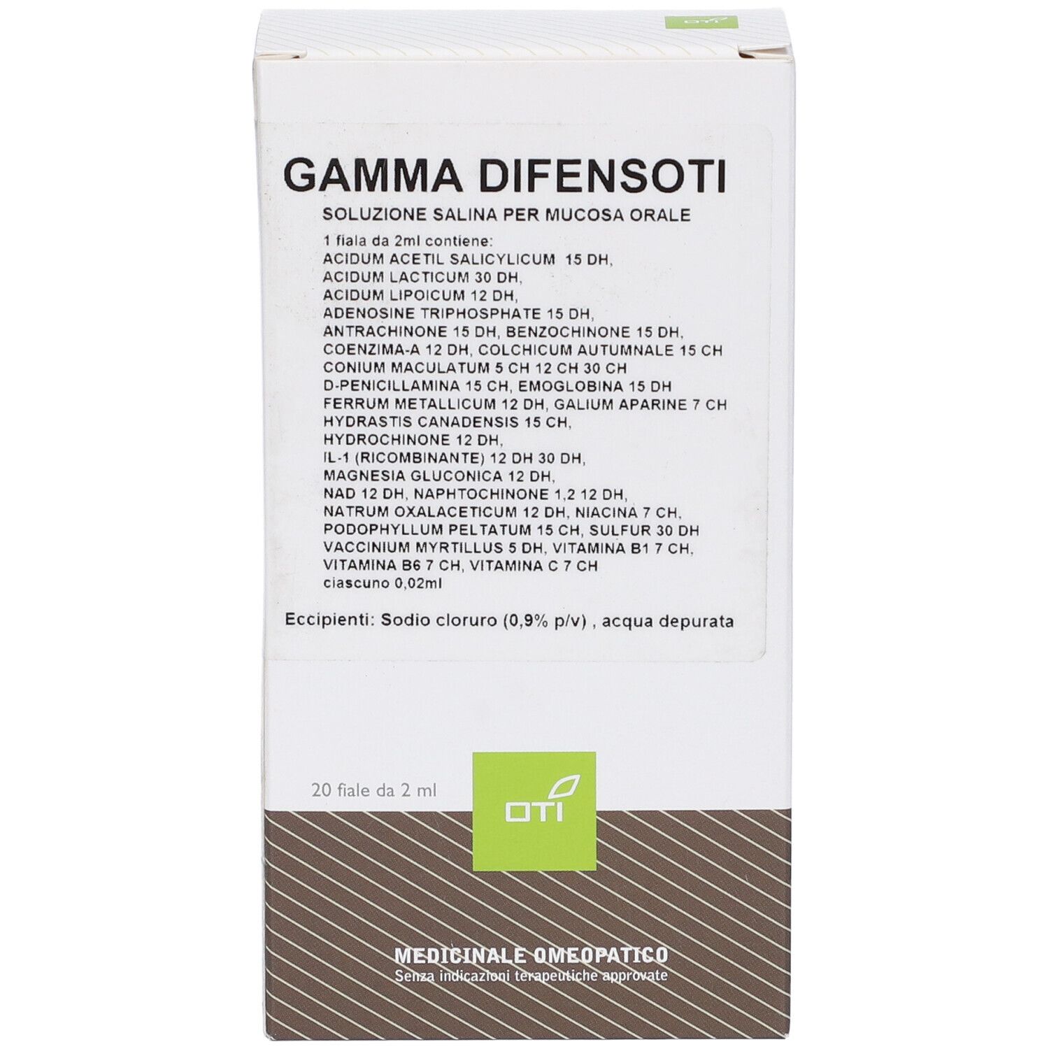 Vista frontale della confezione Gamma Difensoti. Testo: Gamma Difensoti, soluzione salina, ingredienti, 20 fiale.