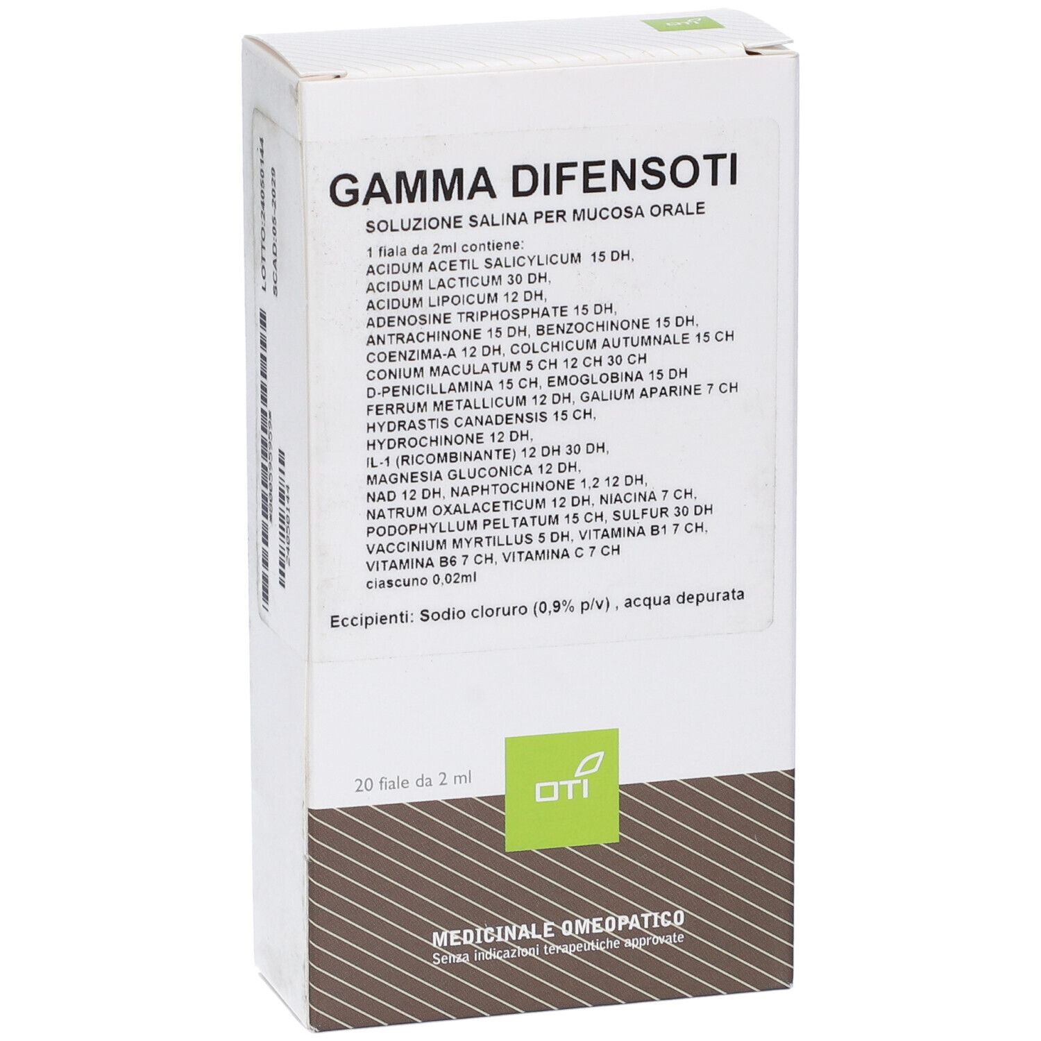 Vista frontale della confezione Gamma Difensoti. Testo: Gamma Difensoti, soluzione salina, ingredienti, 20 fiale.