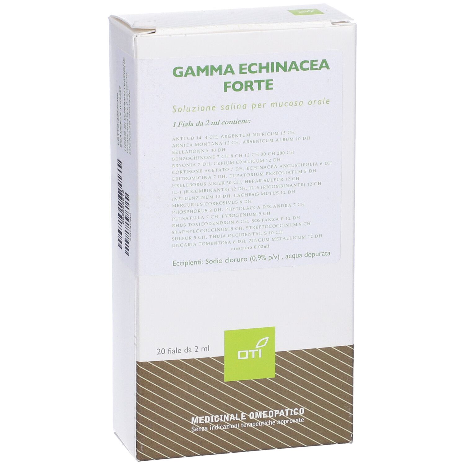 Scatola bianca con nome Gamma Echinacea Forte. Testo: Soluzione per mucosa orale. 20 fiale.