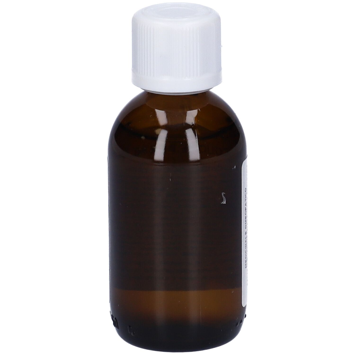 Flacone di vetro marrone con tappo bianco. Nome del prodotto ed etichetta con ingredienti non visibili.