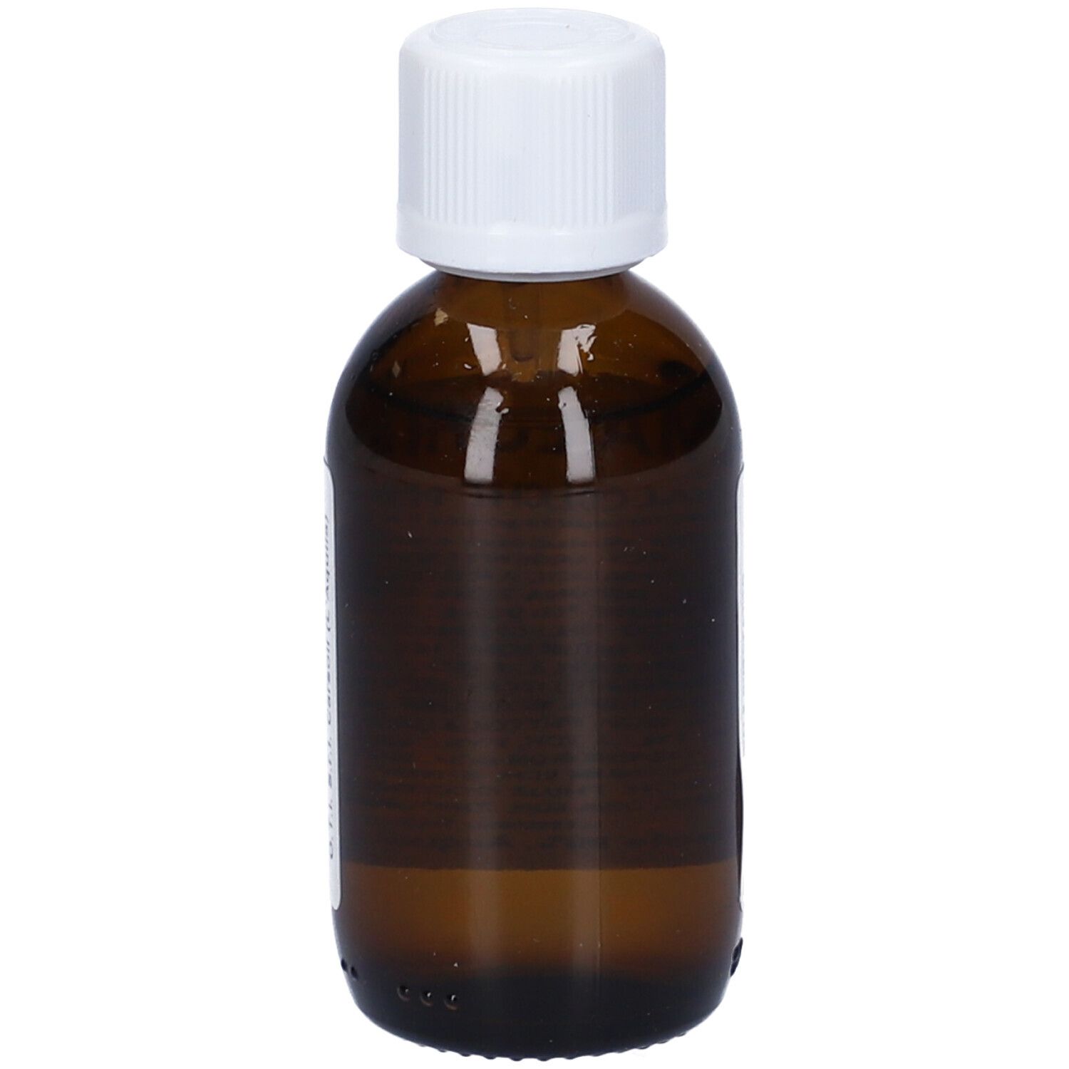 Flacone di vetro marrone con tappo bianco. Liquido visibile. Nessun altro dettaglio.