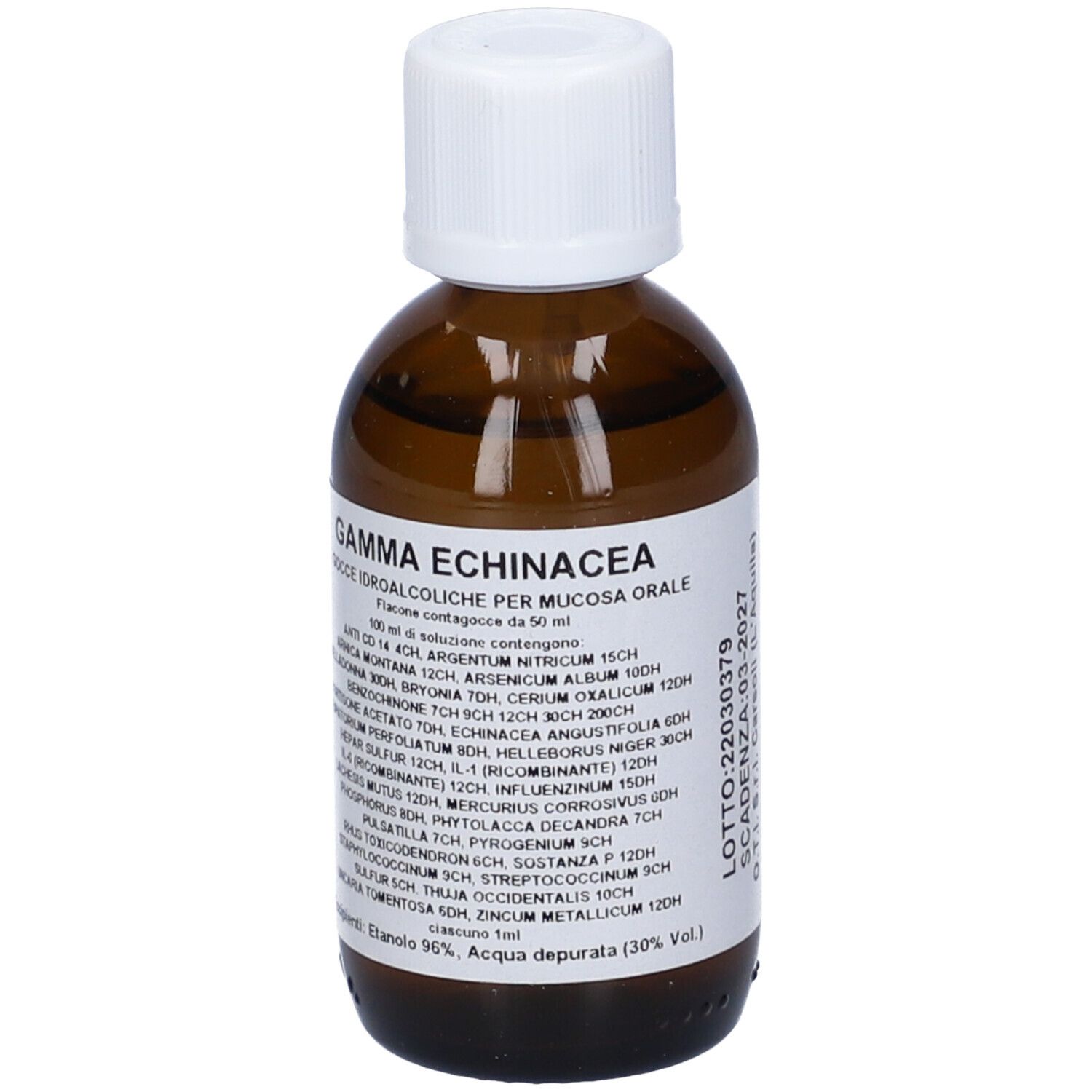 Flacone di vetro marrone con tappo bianco. Etichetta con nome del prodotto e ingredienti. Liquido visibile.