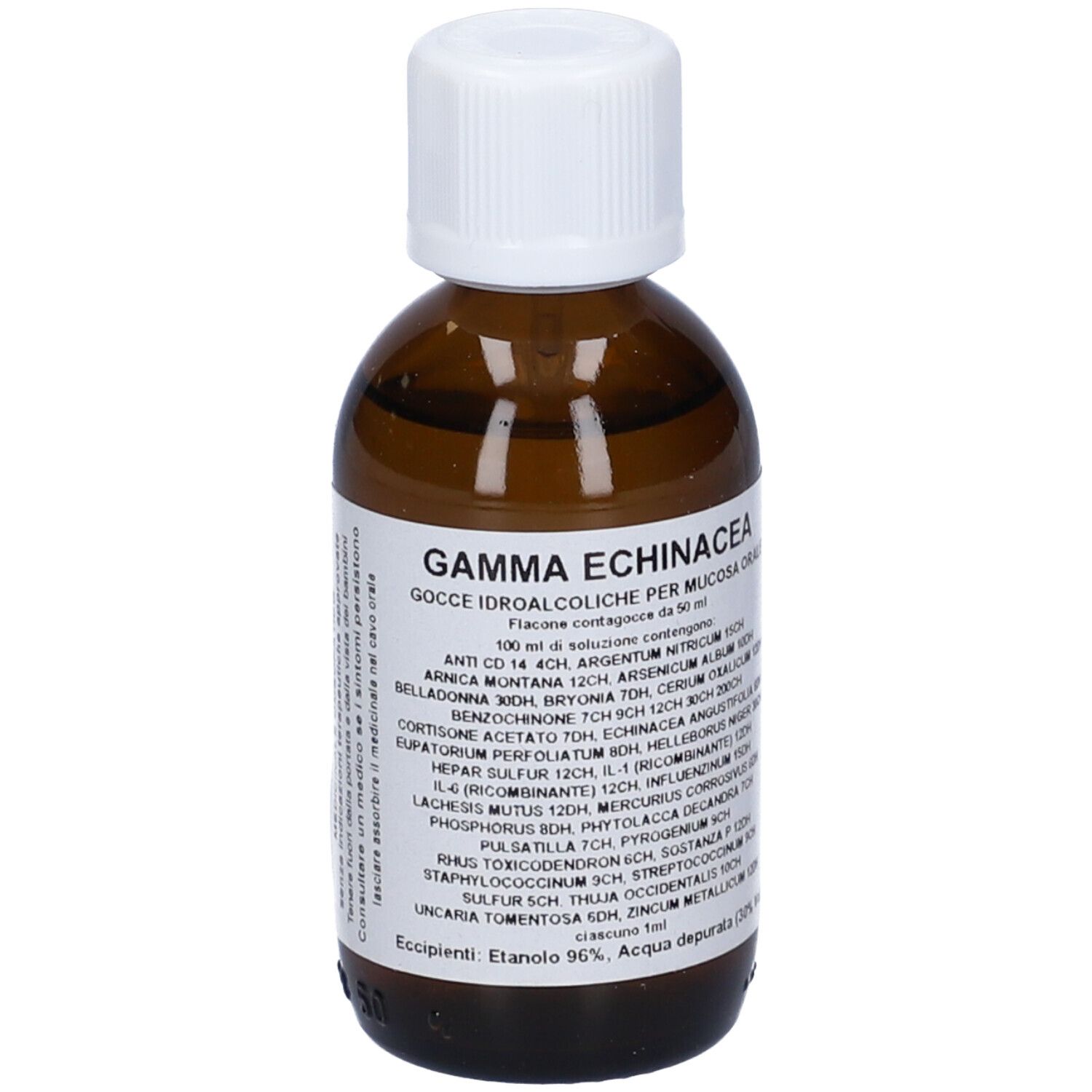 Flacone di vetro marrone con tappo bianco. Etichetta con nome del prodotto e ingredienti. Liquido visibile.