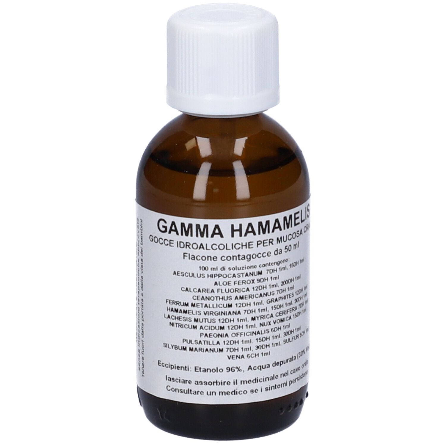 Flacone di vetro marrone con tappo bianco. Etichetta con informazioni sul prodotto. Testo: Gamma Hamamelis, Gocce Idroalcoliche.