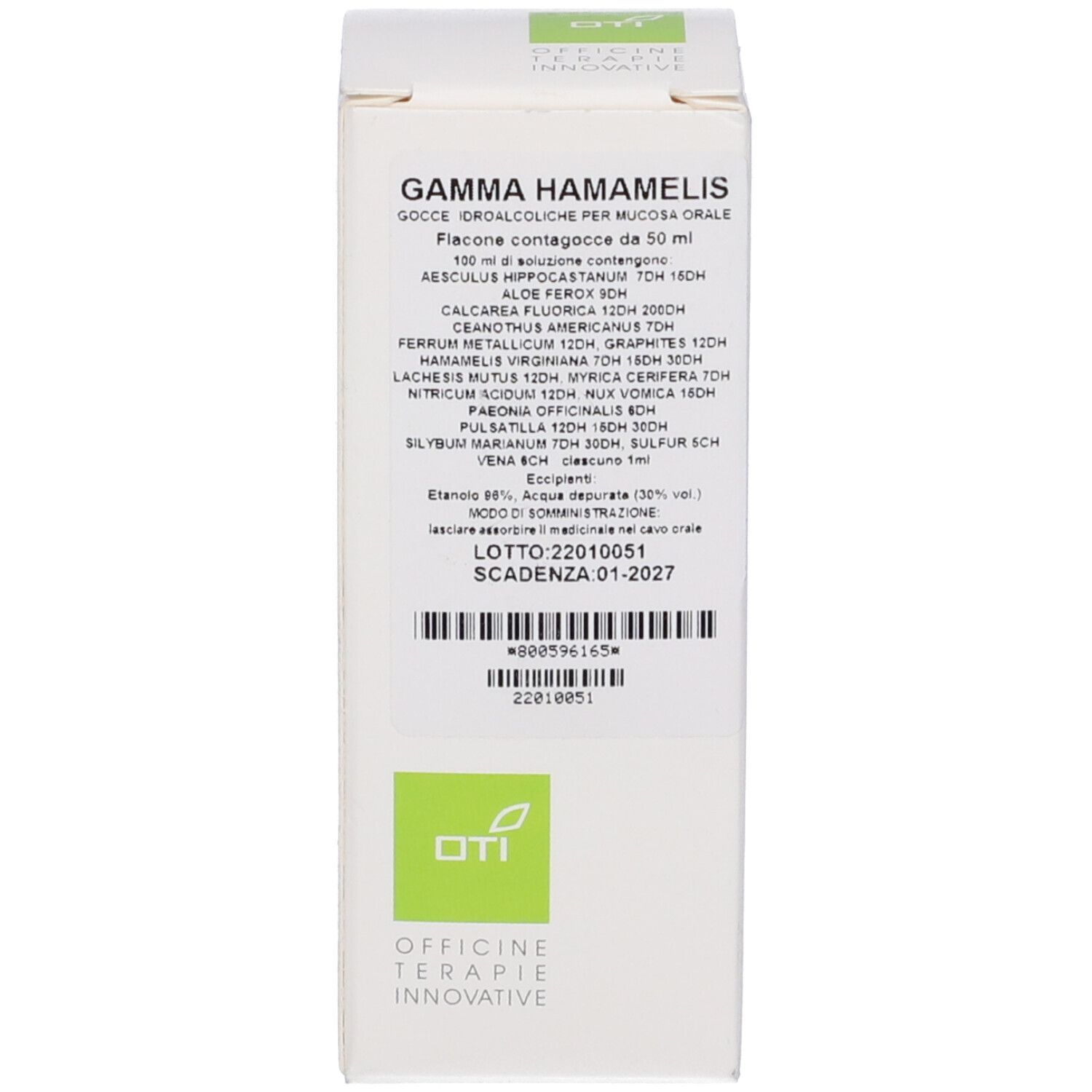 Confezione in cartone con informazioni sul prodotto. Testo: Gamma Hamamelis, Gocce Idroalcoliche. Logo: OTI Officine Terapie Innovative.