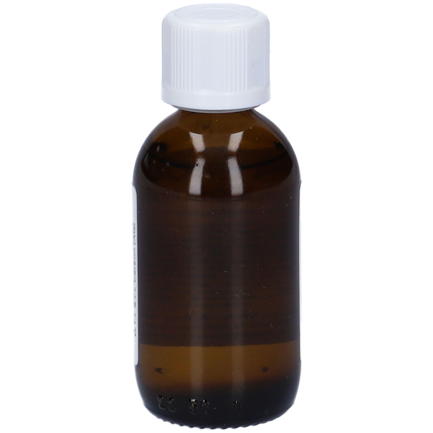 Flacone di vetro marrone con tappo bianco. Nessuna etichetta visibile. Contiene un liquido.