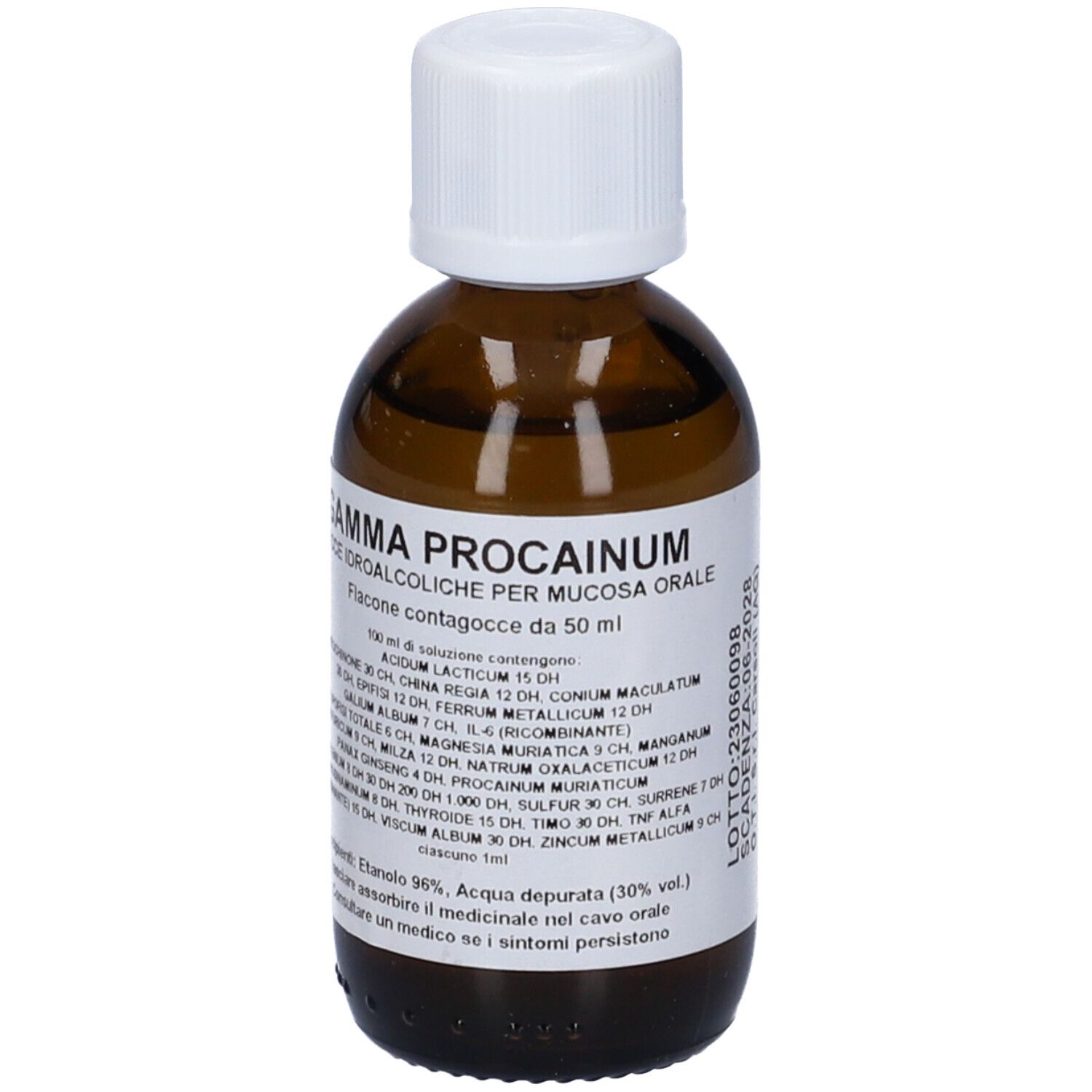 Flacone di vetro marrone con tappo bianco. Etichetta: Gamma Procainum, gocce, soluzione. Contiene ingredienti e istruzioni.