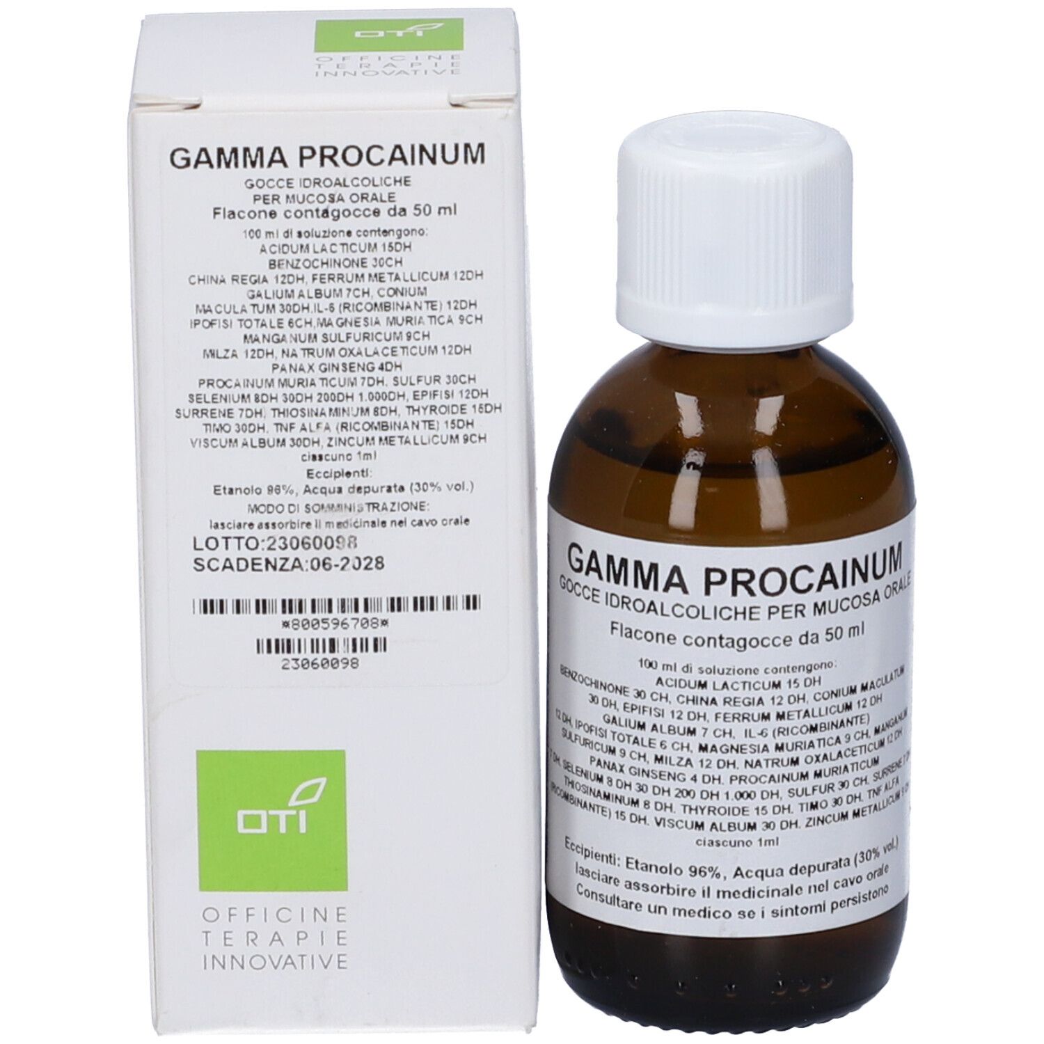 Flacone e confezione del prodotto. Confezione: bianca con testo verde. Flacone: marrone con tappo bianco. Etichetta: Gamma Procainum.