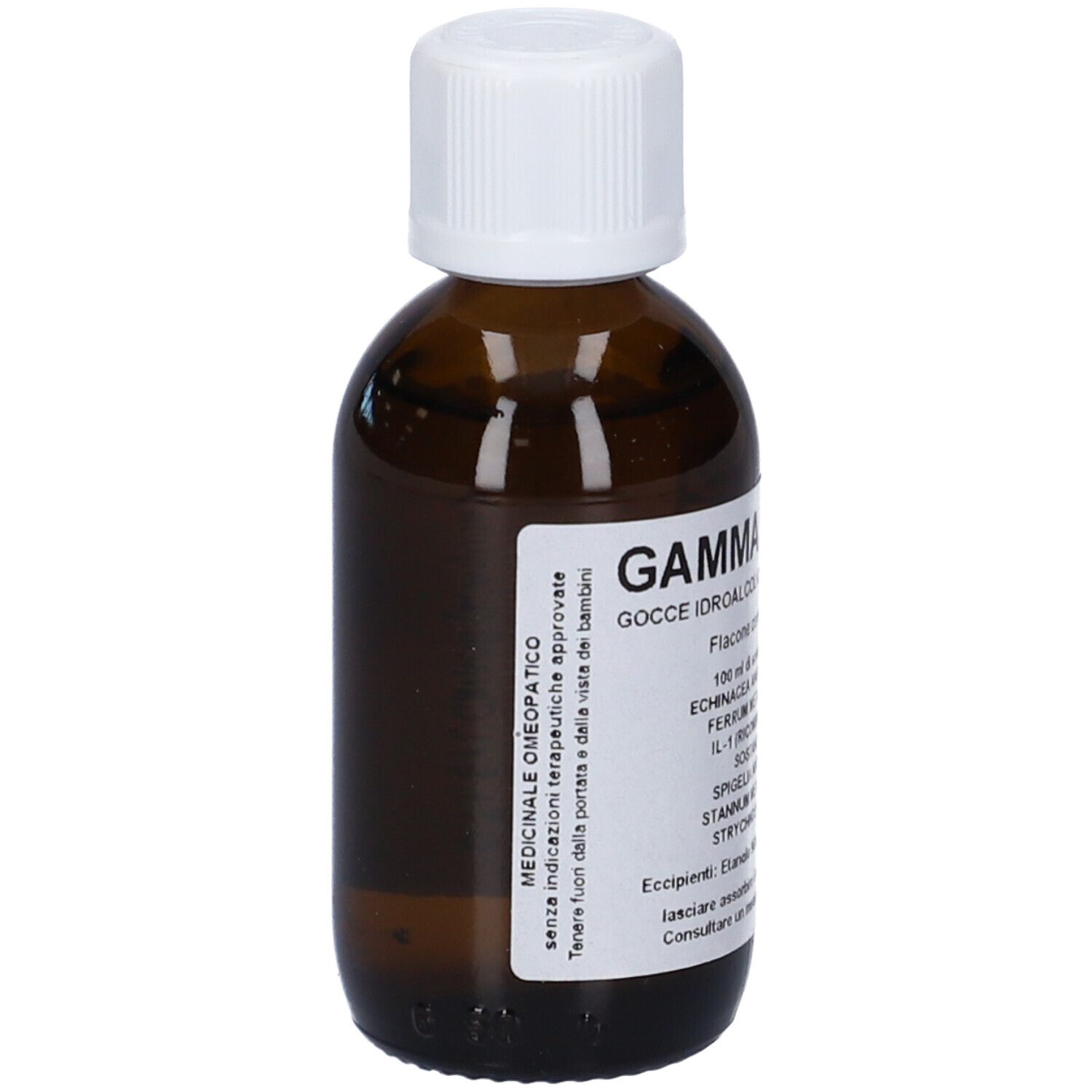 Flacone di vetro marrone con tappo bianco. Etichetta con informazioni sul prodotto. Contagocce.