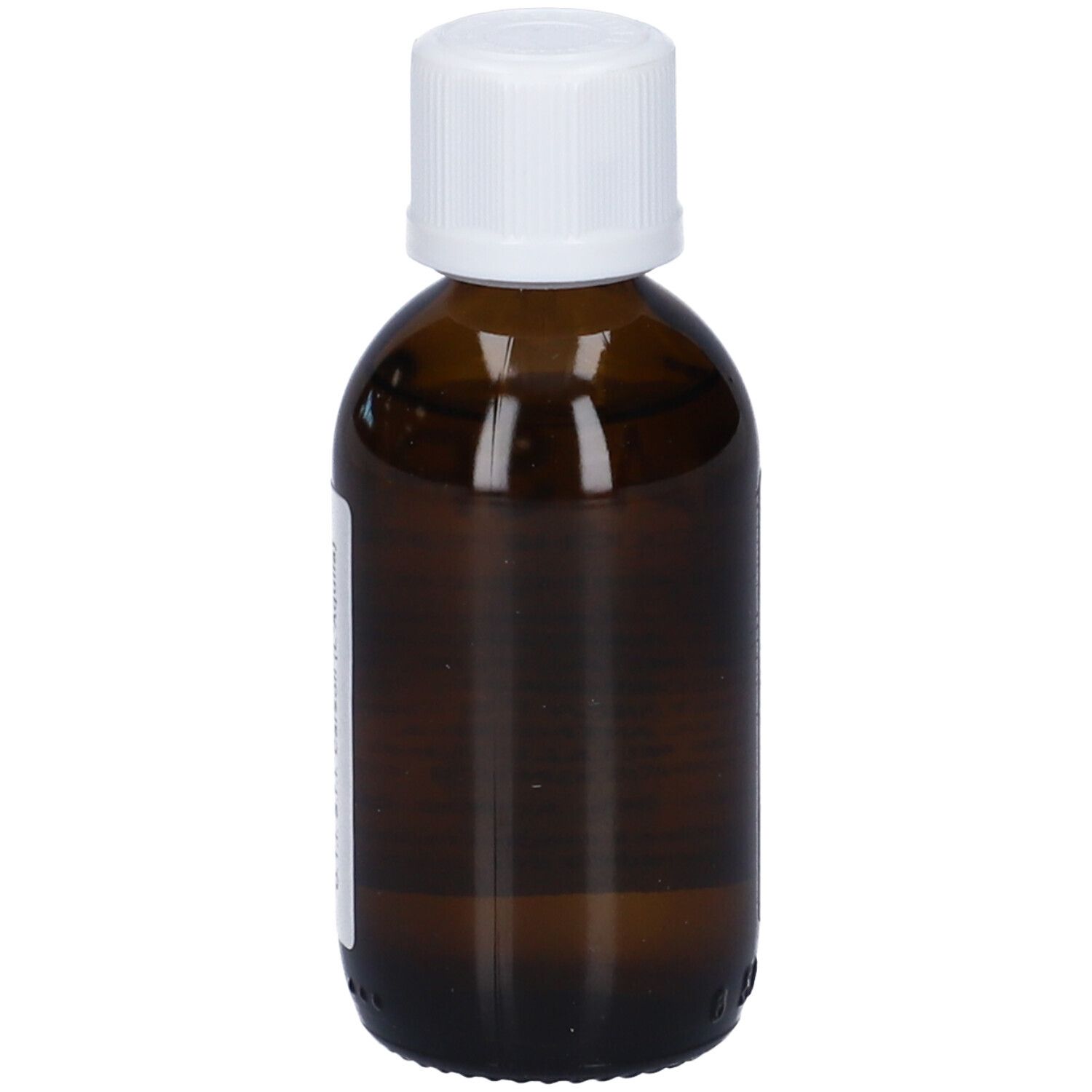 Flacone di vetro marrone con tappo bianco. Nessuna informazione visibile sull'etichetta. Contagocce.