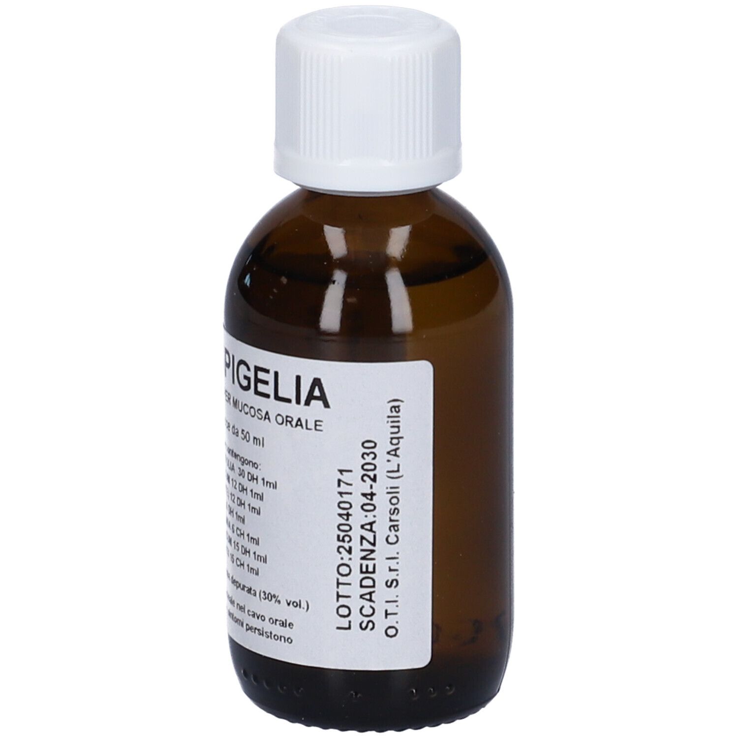 Flacone di vetro marrone con tappo bianco. Etichetta con informazioni prodotto e numero di lotto. Contagocce.