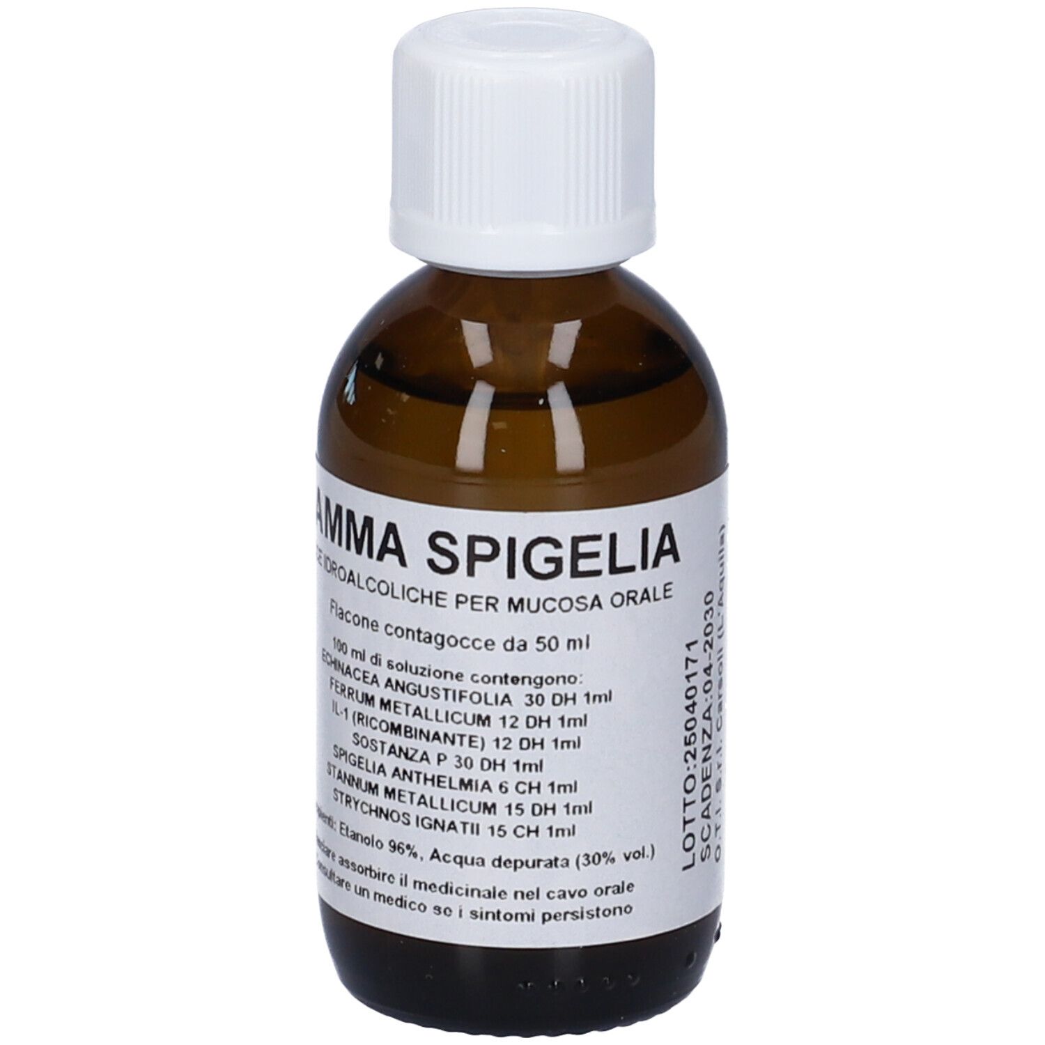 Flacone di vetro marrone con tappo bianco. Etichetta con nome del prodotto e ingredienti. Contagocce.