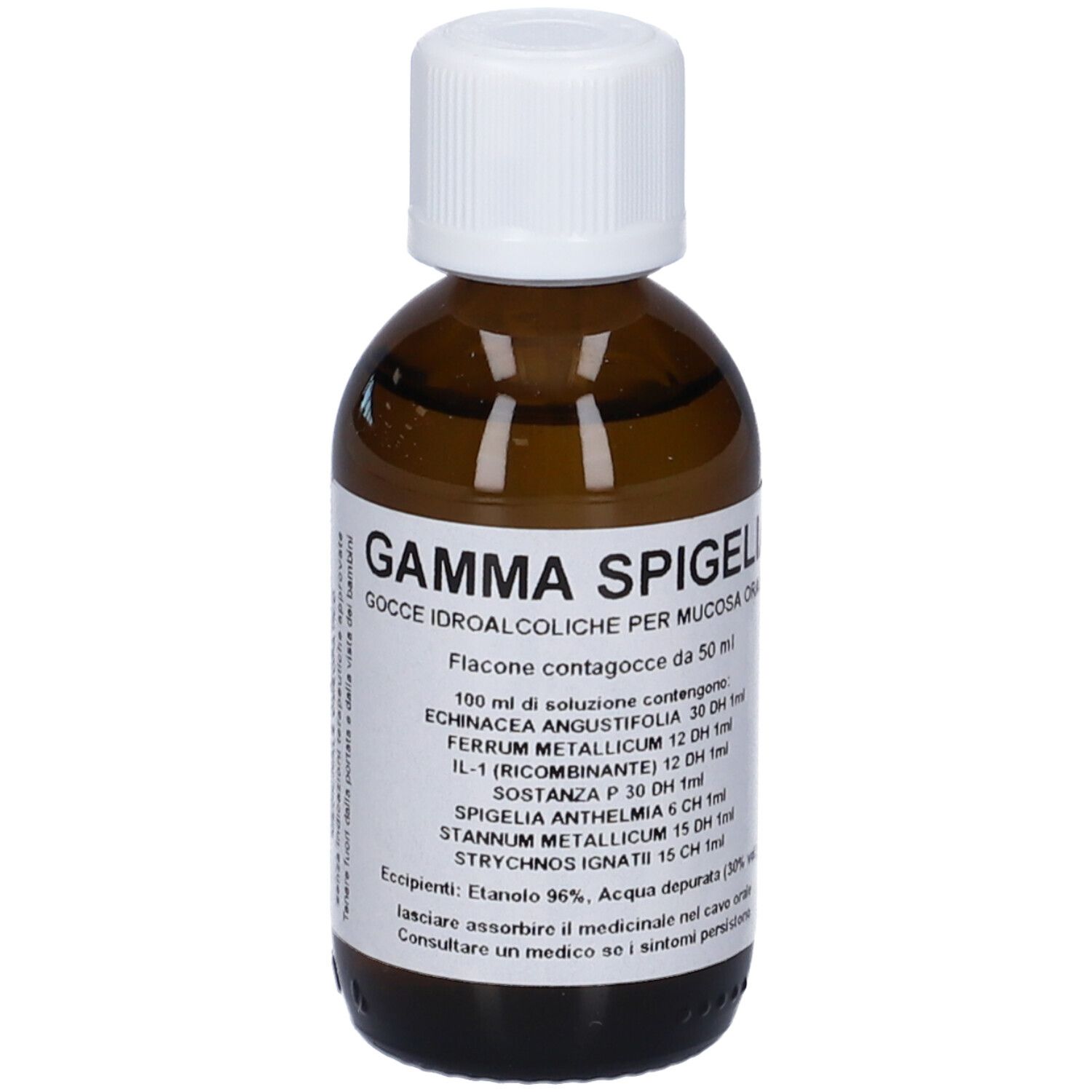 Flacone di vetro marrone con tappo bianco. Etichetta con nome del prodotto e ingredienti. Contagocce.