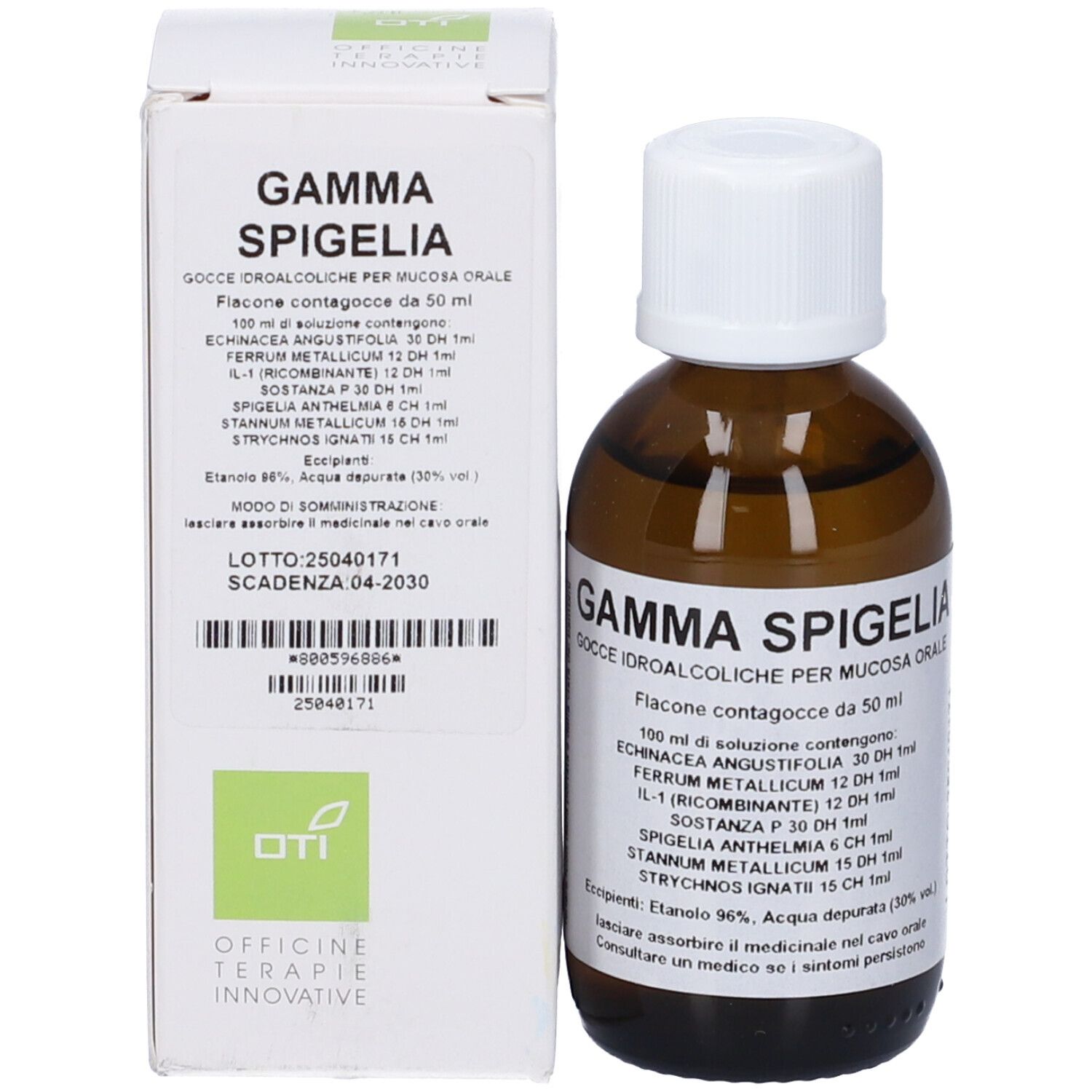 Flacone di vetro marrone e scatola. Flacone con tappo bianco ed etichetta. Scatola con informazioni sul prodotto.