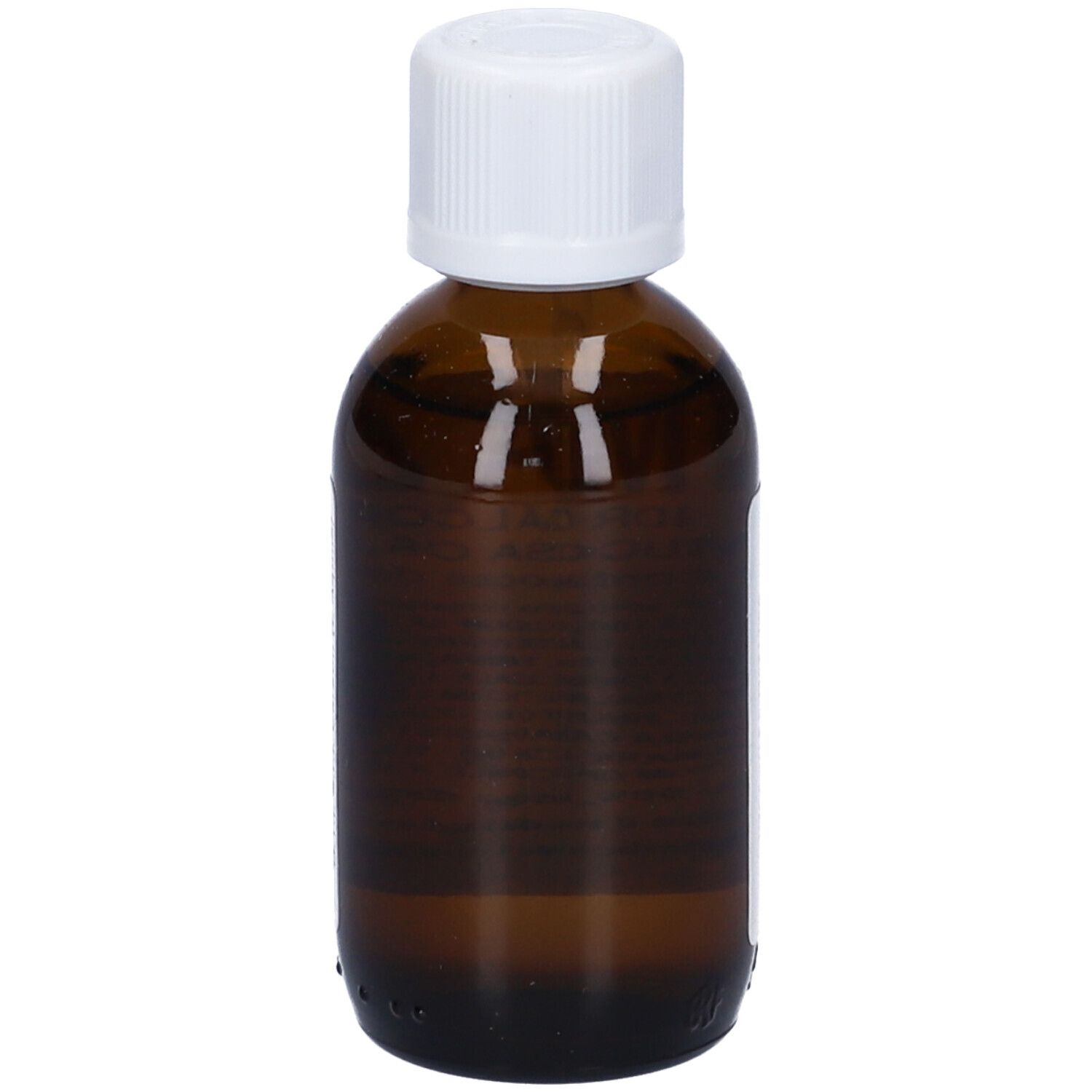 Flacone di vetro marrone con tappo bianco. Nessuna etichetta visibile. Liquido visibile.