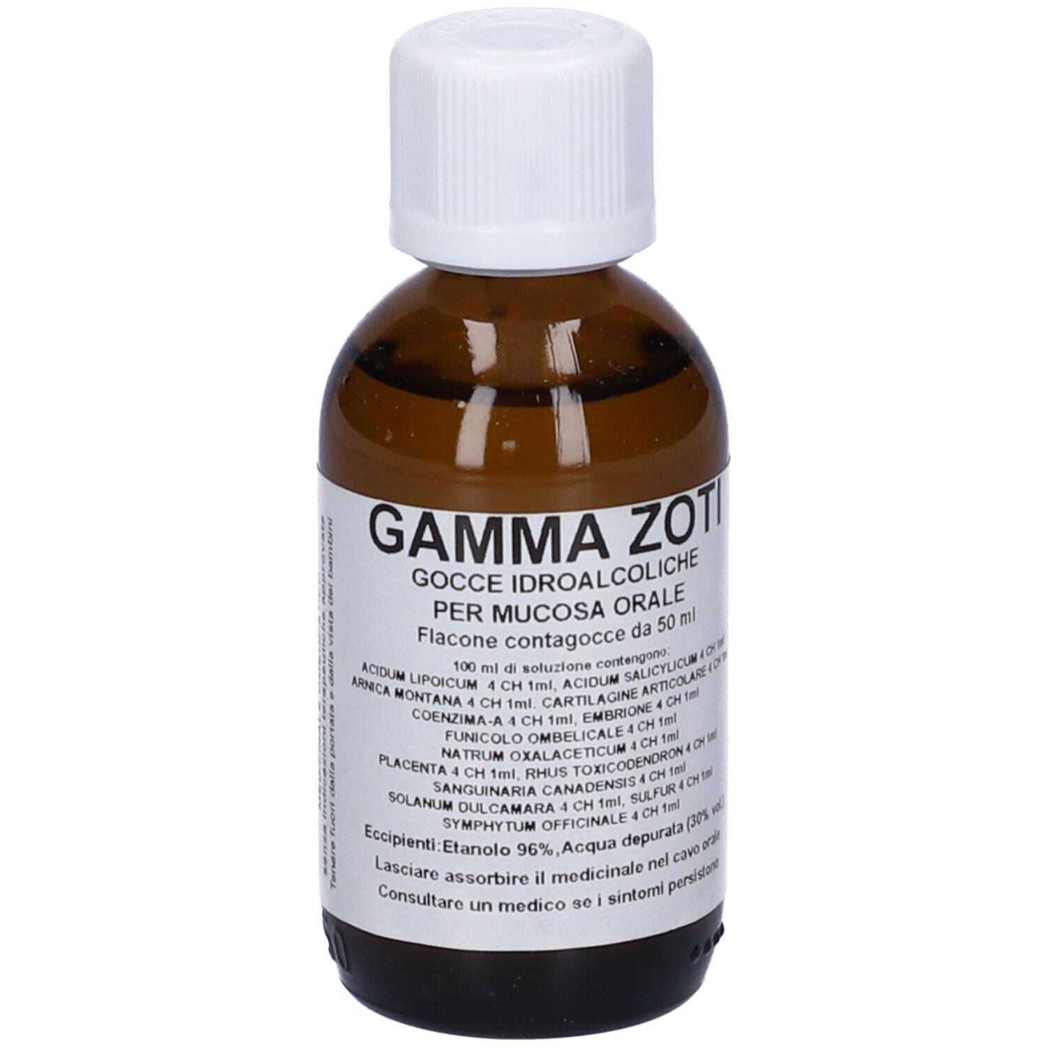 Flacone di vetro marrone con tappo bianco. Etichetta con testo: Gamma Zoti, Gocce Idroalcoliche, 50 ml. Composizione.