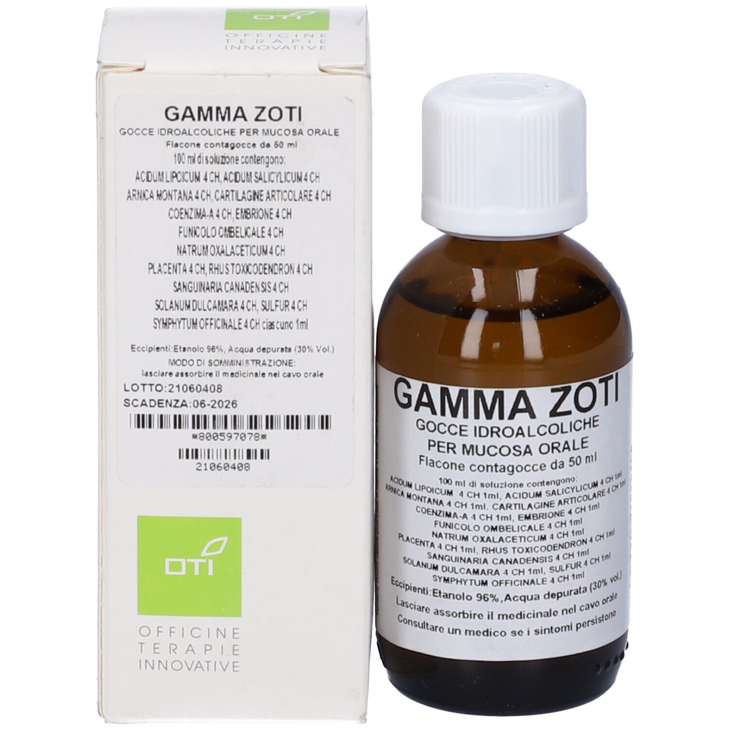 Flacone di vetro marrone con tappo bianco e scatola. Flacone: Gamma Zoti, Gocce Idroalcoliche, 50 ml. Scatola: Testo e logo.