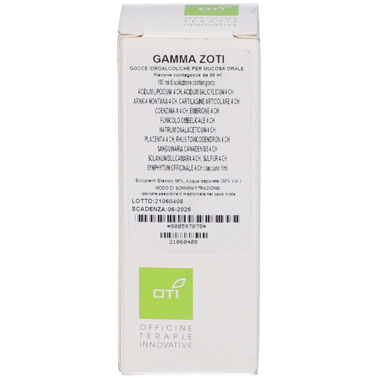 Scatola con testo e logo. Testo: Gamma Zoti, Gocce Idroalcoliche, 50 ml. Logo: OTI Officine Terapie Innovative.