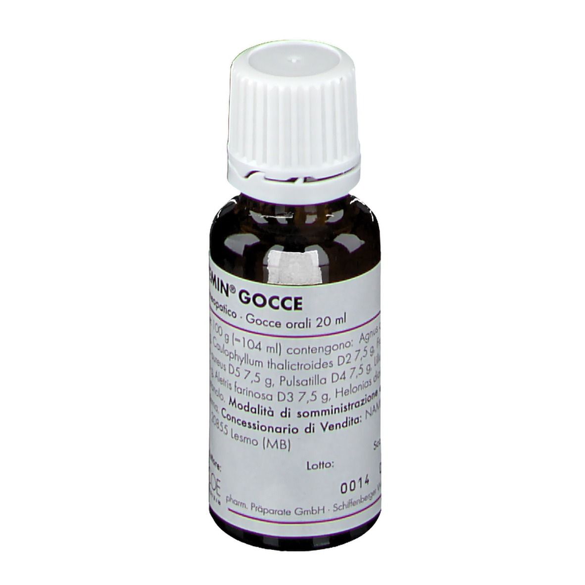 Flacone di vetro marrone con tappo bianco. Scritta: PASCOFEMIN Gocce, 20 ml. PASCOE Naturmedizin.