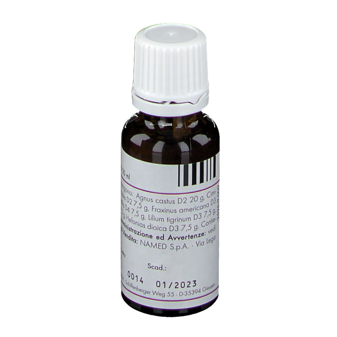 Flacone di vetro marrone con tappo bianco. Scritta: PASCOFEMIN Gocce, 20 ml. NAMED S.P.A.