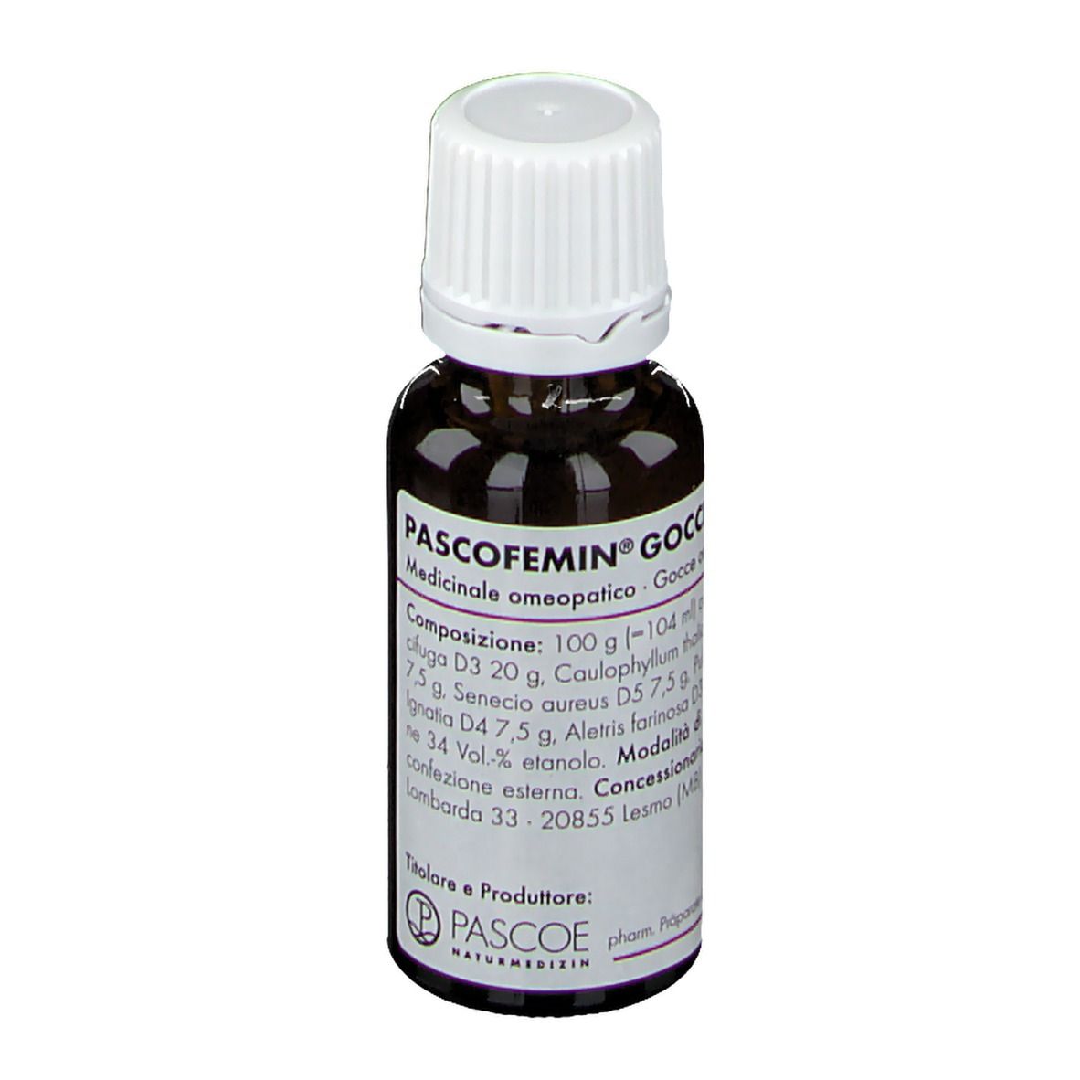Flacone di vetro marrone con tappo bianco. Scritta: PASCOFEMIN Gocce, Medicinale, 100 g. PASCOE Naturmedizin.