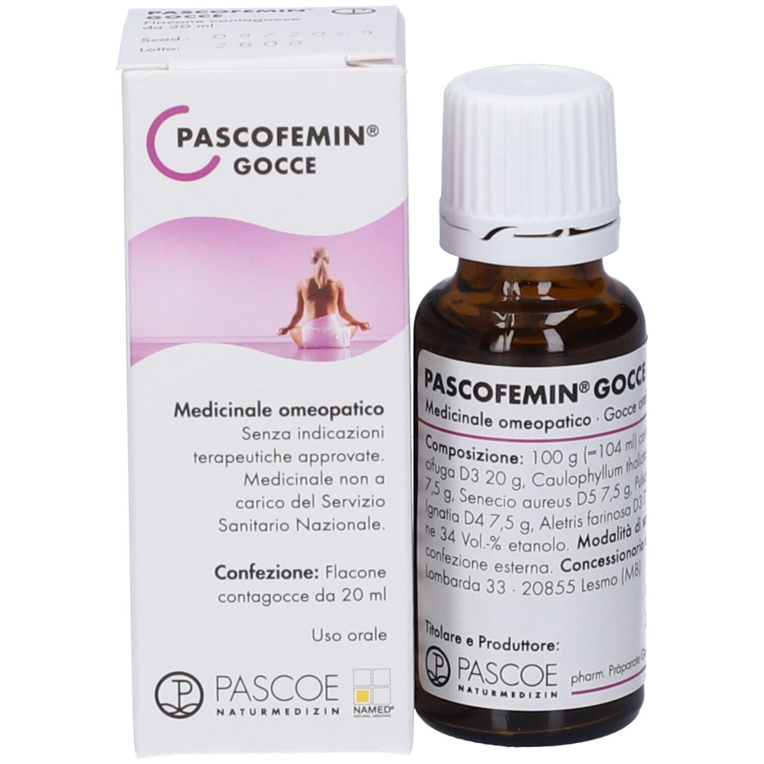Flacone in vetro ambrato con tappo contagocce bianco e scatola esterna, etichetta con informazioni prodotto e logo produttore.