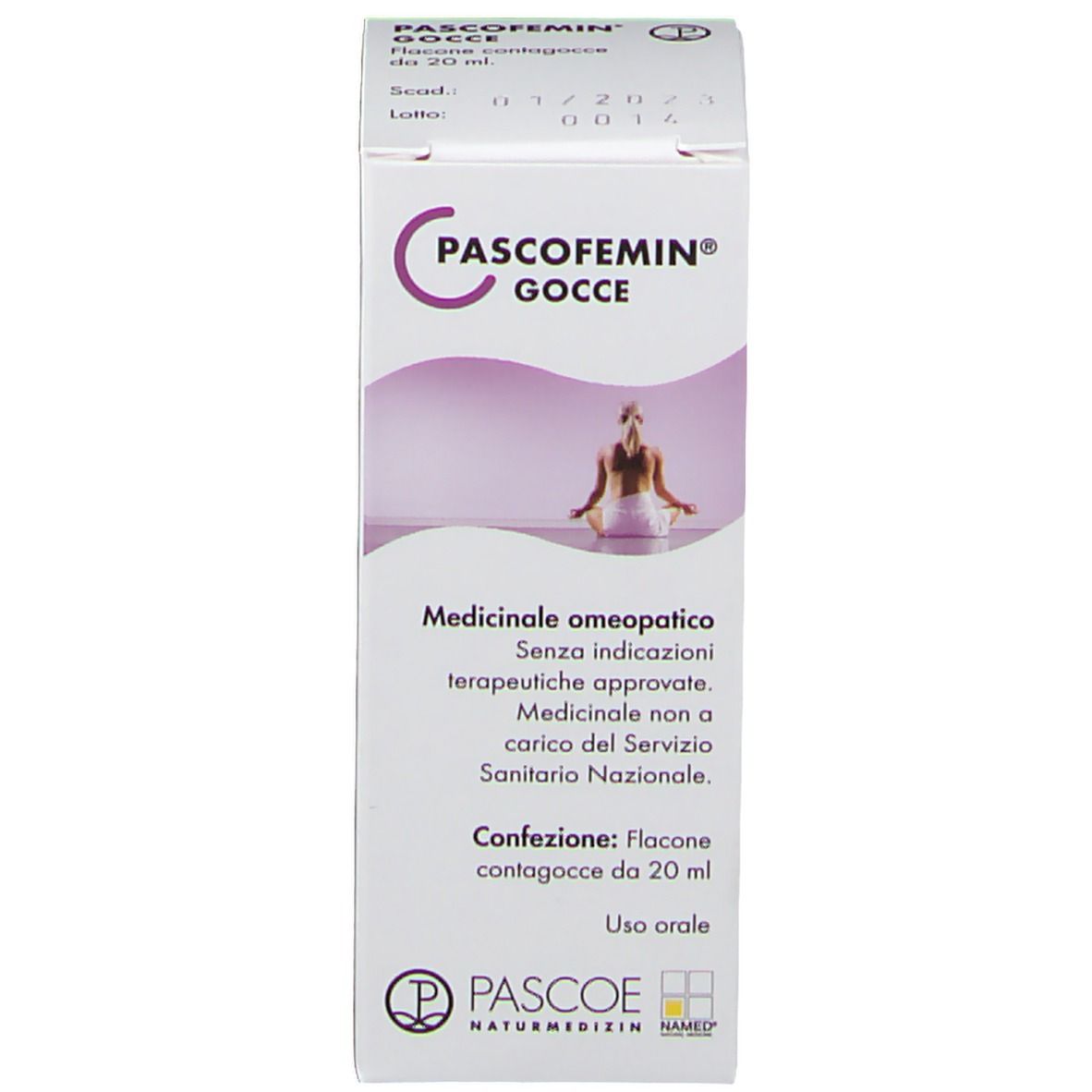 Confezione del prodotto. Scritta: PASCOFEMIN Gocce, 20 ml. PASCOE Naturmedizin. Confezione con donna.