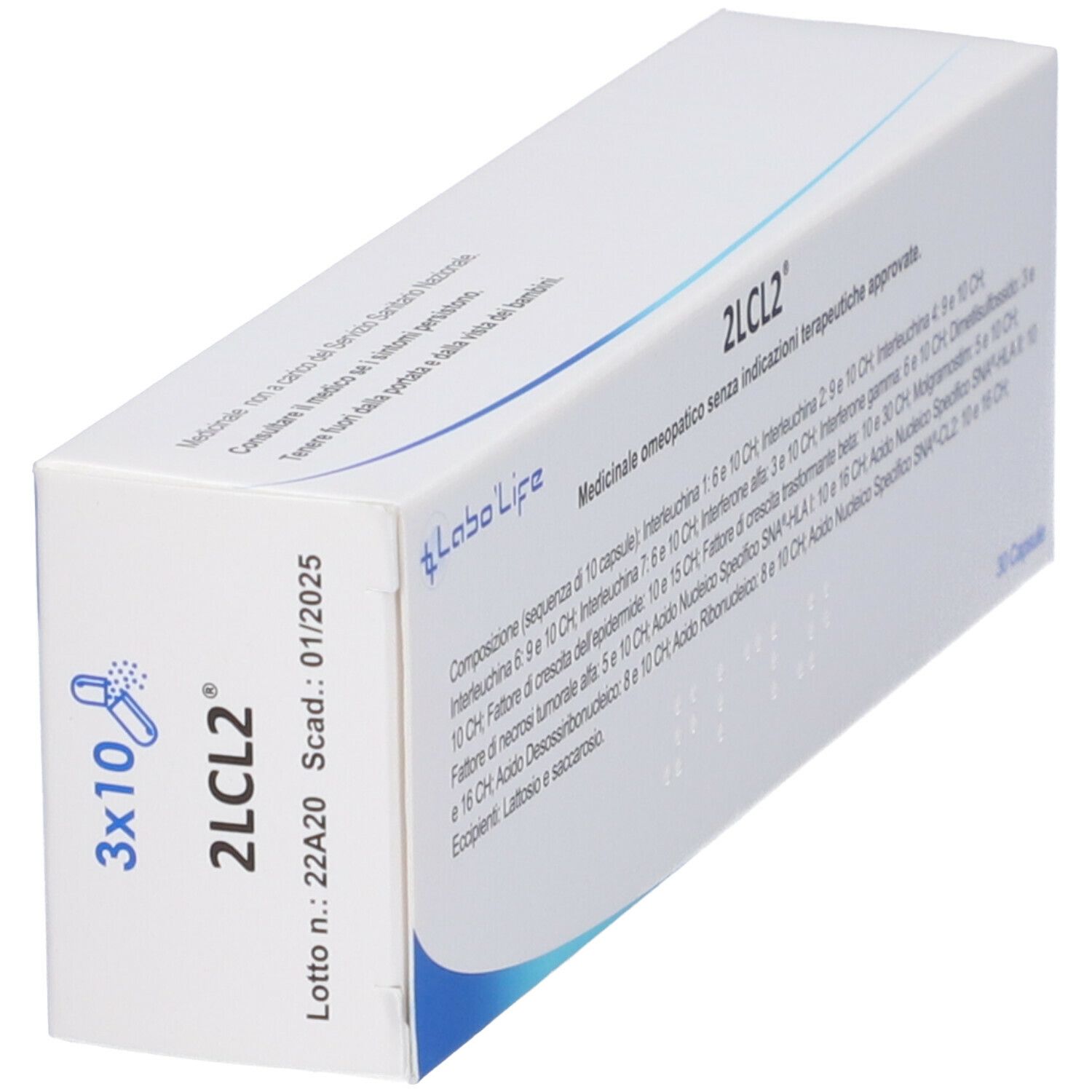 Scatola con scritta 3x10 2LCL2 e logo Labo Life. Stampa con numero di lotto e data di scadenza.