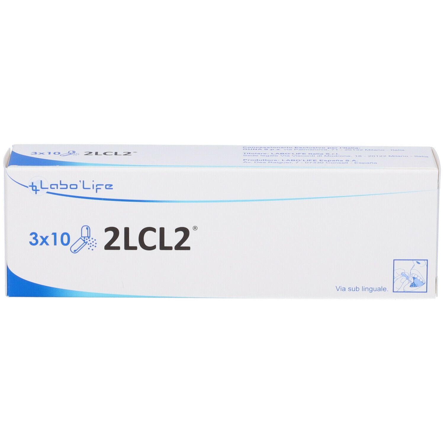 Scatola bianca con scritta 3x10 2LCL2 e logo Labo Life. Testo Via sub linguale.