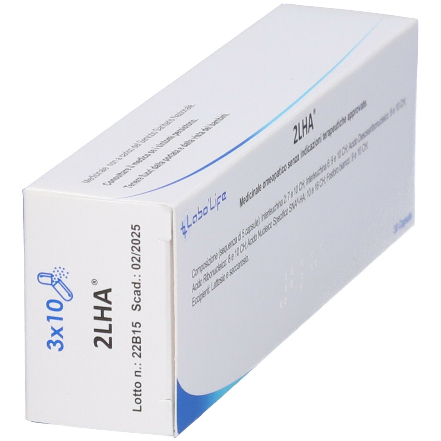 Scatola bianca con testo blu. Sulla scatola "3x10 2LHA" e il logo "Labo'Life".