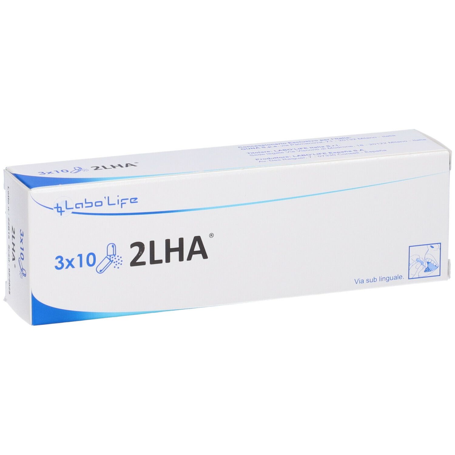 Scatola bianca con testo blu. Sulla scatola "3x10 2LHA" e il logo "Labo'Life".
