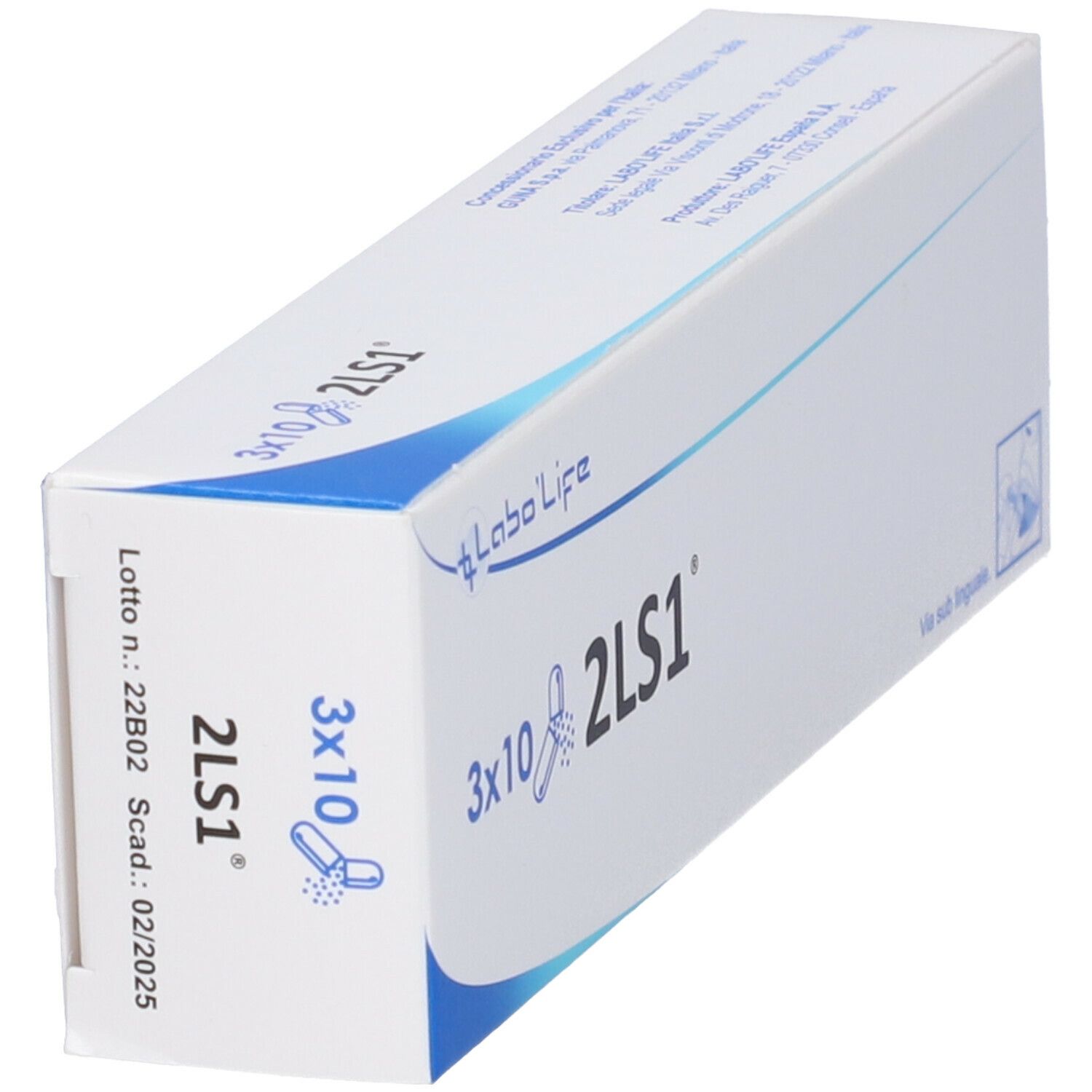 Scatola bianca con angolo blu. Scritta 3x10 2LS1 e Labo Life. Testo: Via sub linguale.