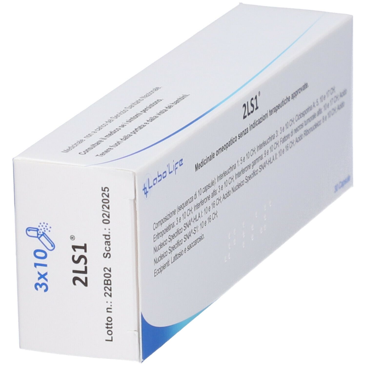 Scatola bianca con scritta 2LS1, 3x10 e Labo Life. Testo: Medicinale omeopatico.