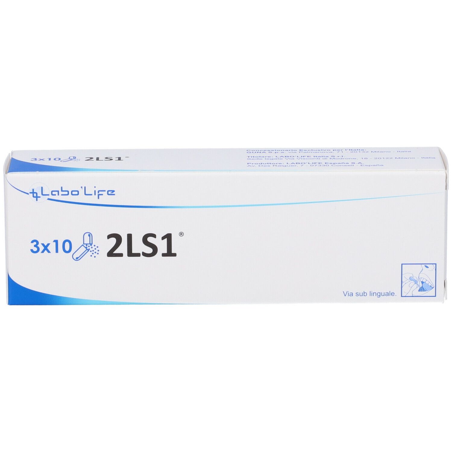 Scatola bianca con angolo blu. Scritta 3x10 2LS1 e Labo Life. Testo: Via sub linguale.