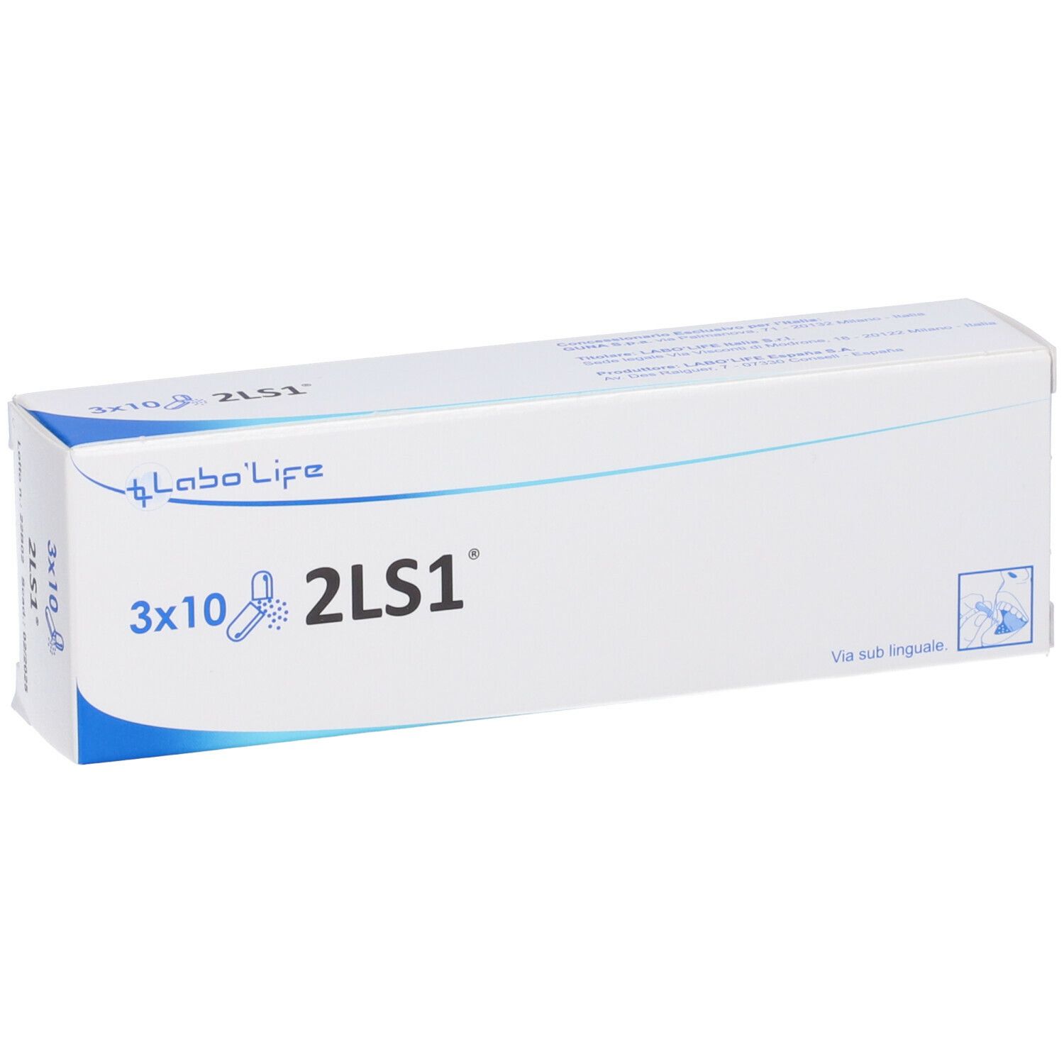 Scatola bianca con angolo blu. Scritta 3x10 2LS1 e Labo Life. Testo: Via sub linguale.