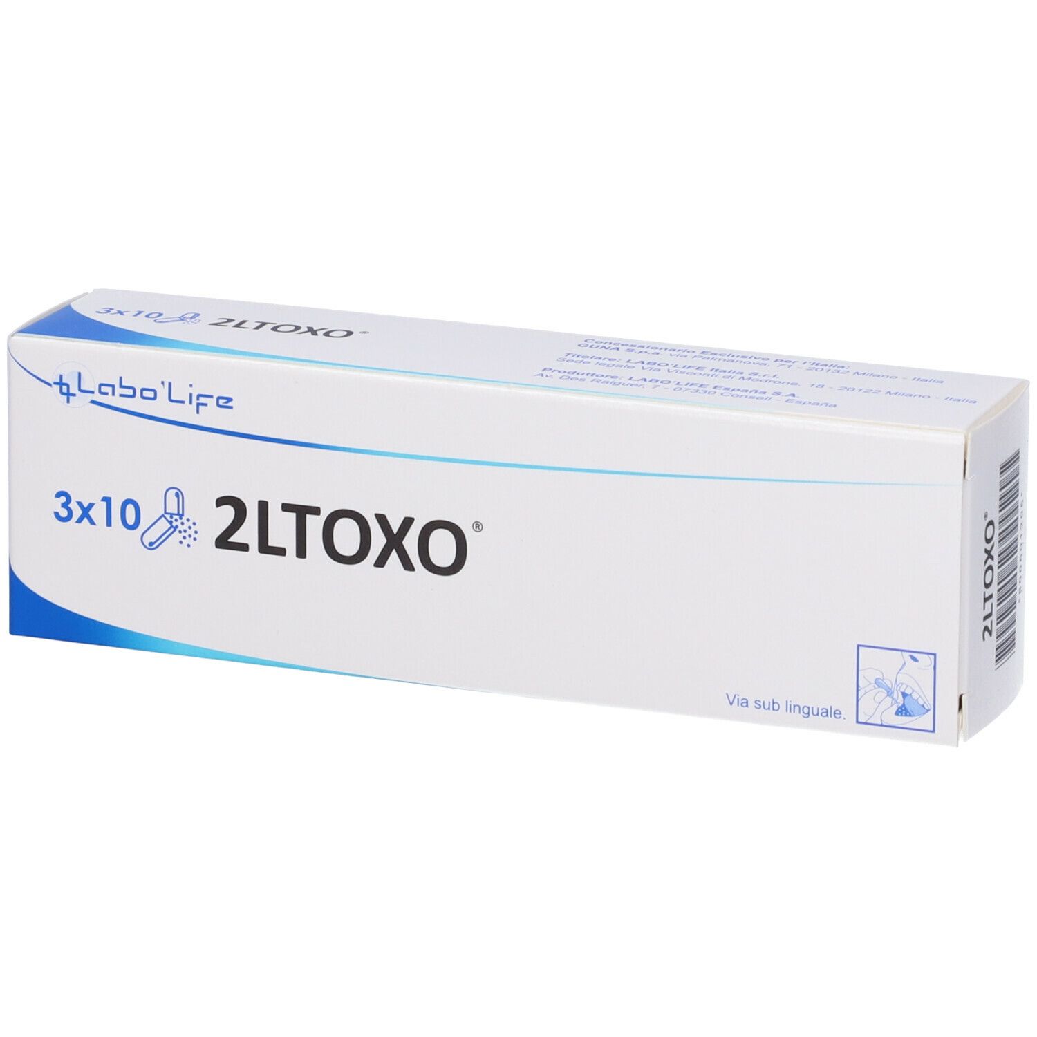 Scatola bianca con scritta blu 2LTOXO e logo Labo Life. Scritta 3x10. Via sub linguale.