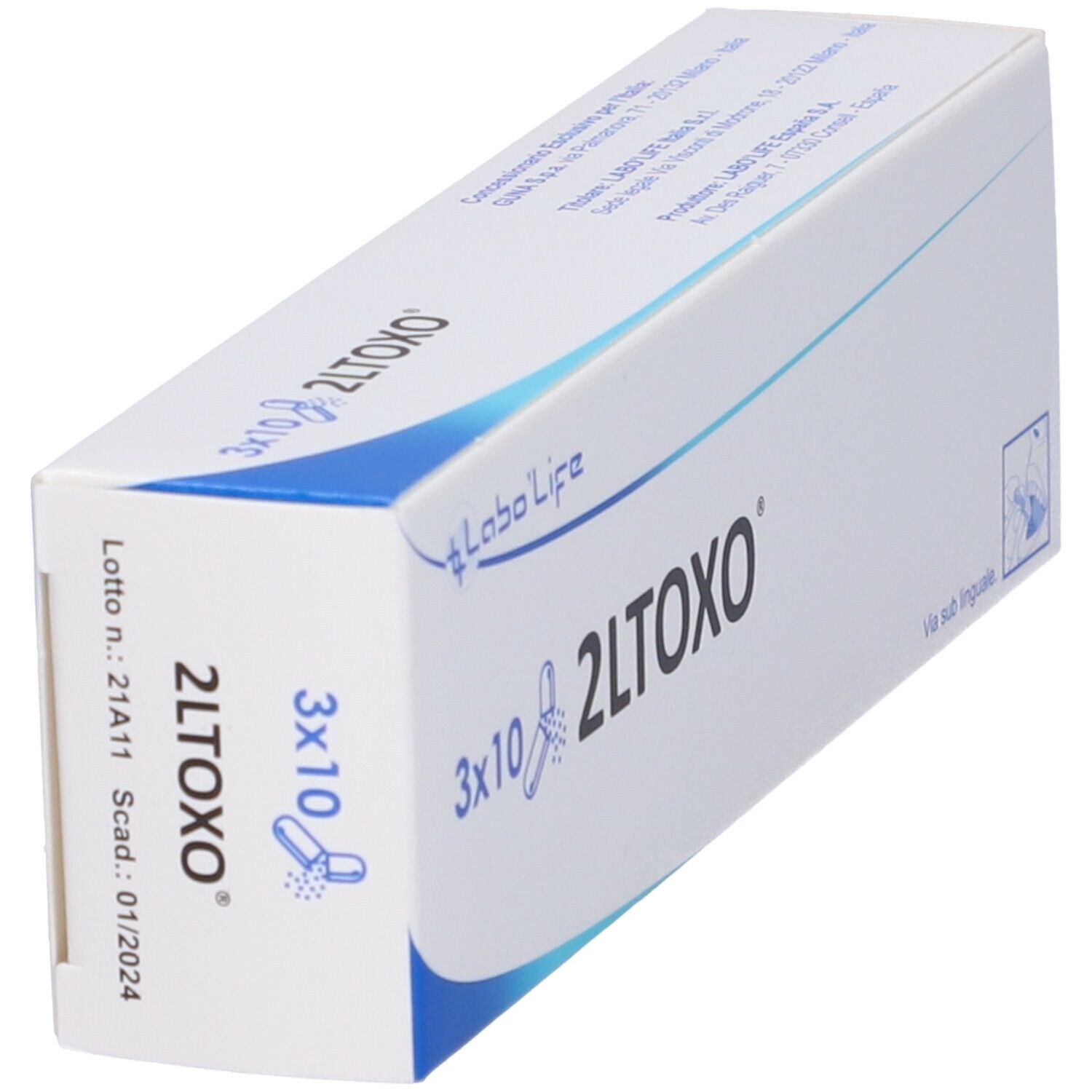 Scatola bianca con scritta blu 2LTOXO e logo Labo Life. Scritta 3x10. Via sub linguale. Vista dettagliata.