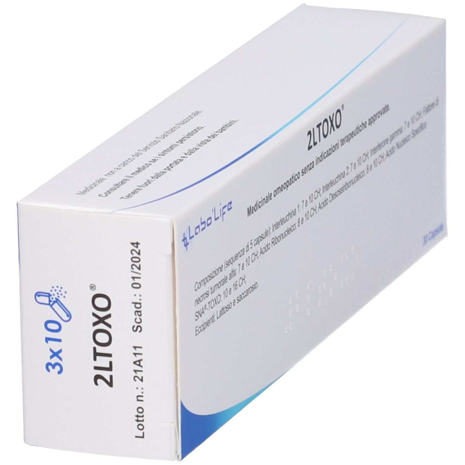 Scatola bianca con scritta blu 2LTOXO e logo Labo Life. Scritta 3x10. Via sub linguale. Vista dettagliata.