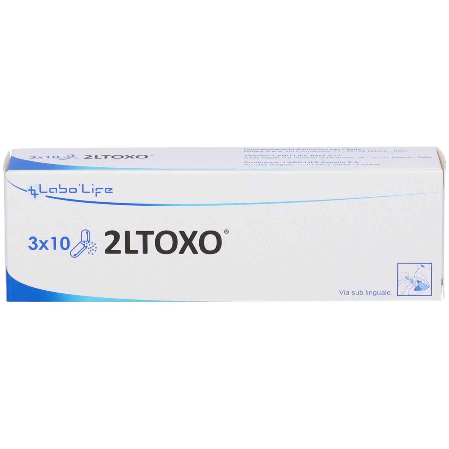 Scatola bianca con scritta blu 2LTOXO e logo Labo Life. Scritta 3x10. Via sub linguale.