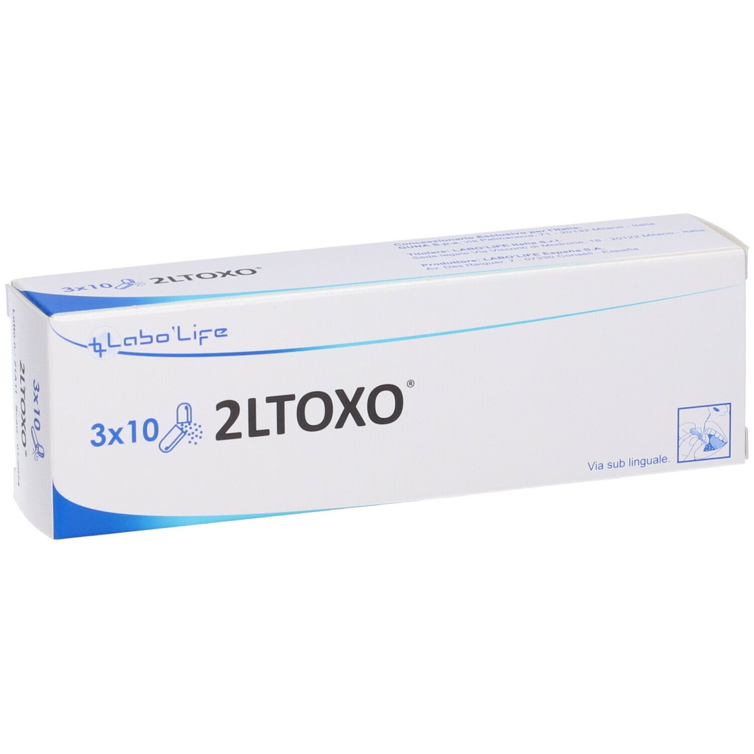 Scatola bianca con scritta blu 2LTOXO e logo Labo Life. Scritta 3x10. Via sub linguale.