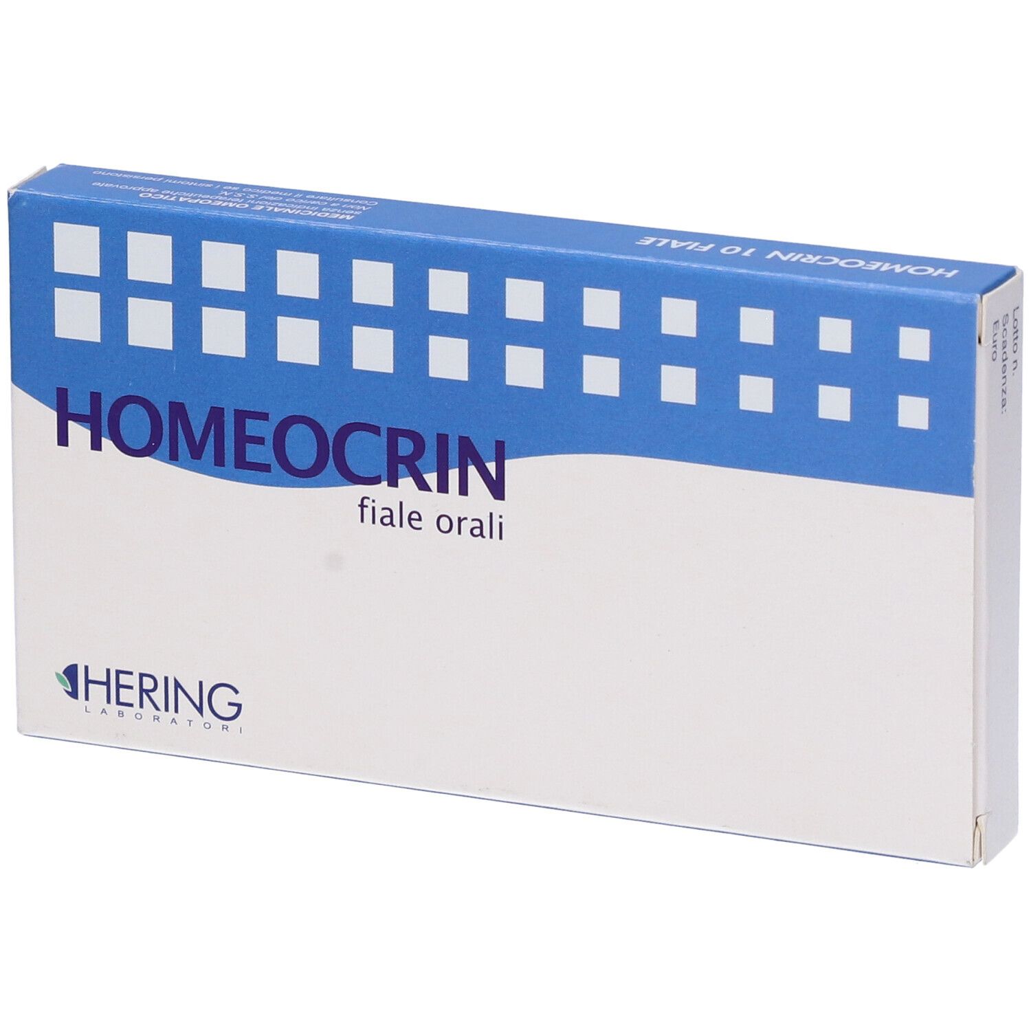 Scatola HOMEOCRIN, fiale orali. Confezione blu e bianca. Logo HERING.