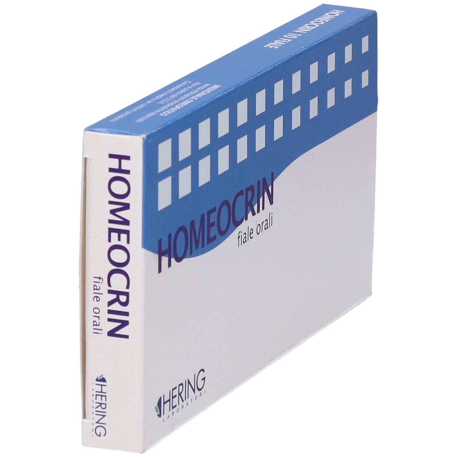 Scatola HOMEOCRIN, fiale orali. Confezione blu e bianca. Logo HERING.