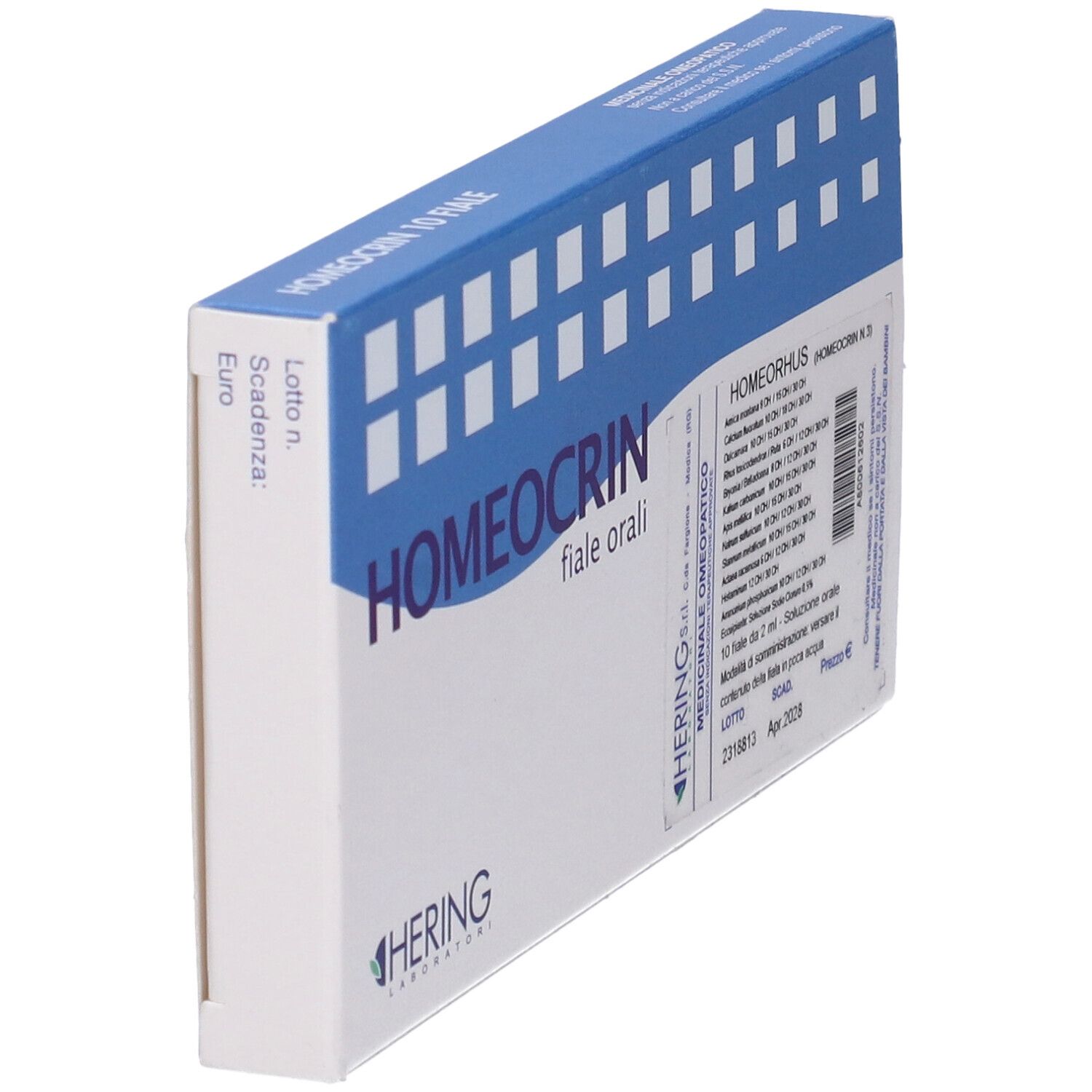 Scatola HOMEOCRIN, fiale orali. Confezione blu e bianca. Logo HERING e informazioni prodotto.
