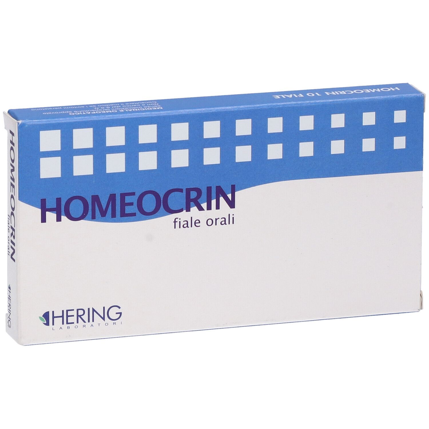 Scatola HOMEOCRIN, fiale orali. Confezione blu e bianca. Logo HERING.