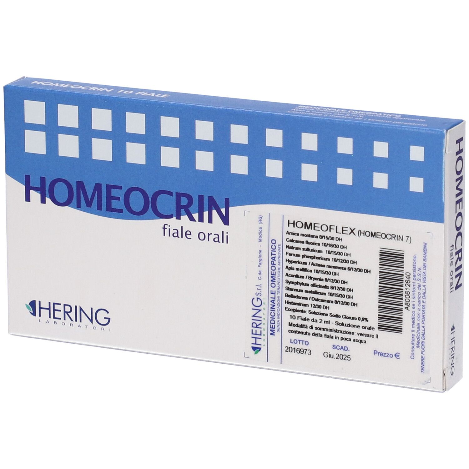 Scatola HOMEOCRIN, logo HERING. Contiene informazioni su HOMEOCRIN 7. Design blu e bianco. "fiale orali".