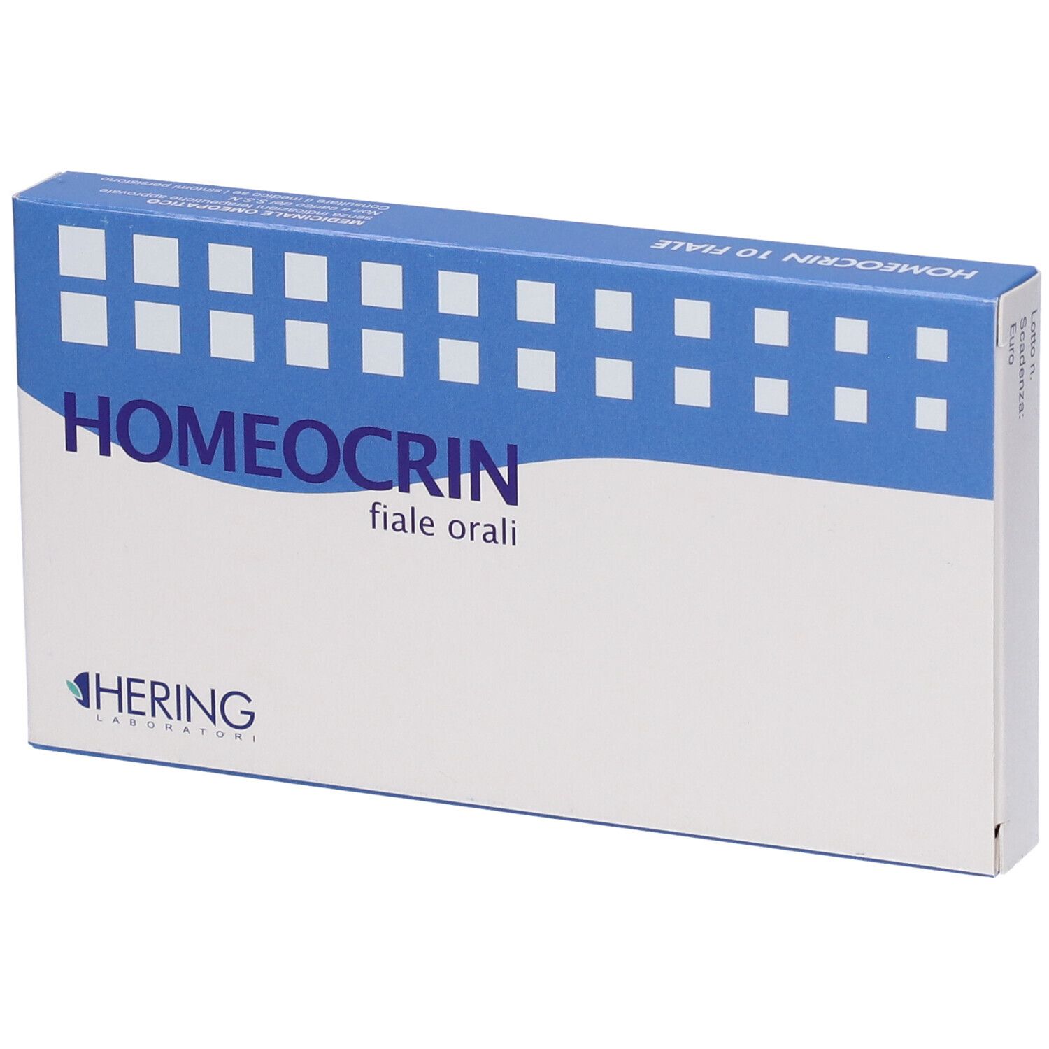 Scatola HOMEOCRIN, logo HERING. Design blu e bianco. "fiale orali". Vista laterale.