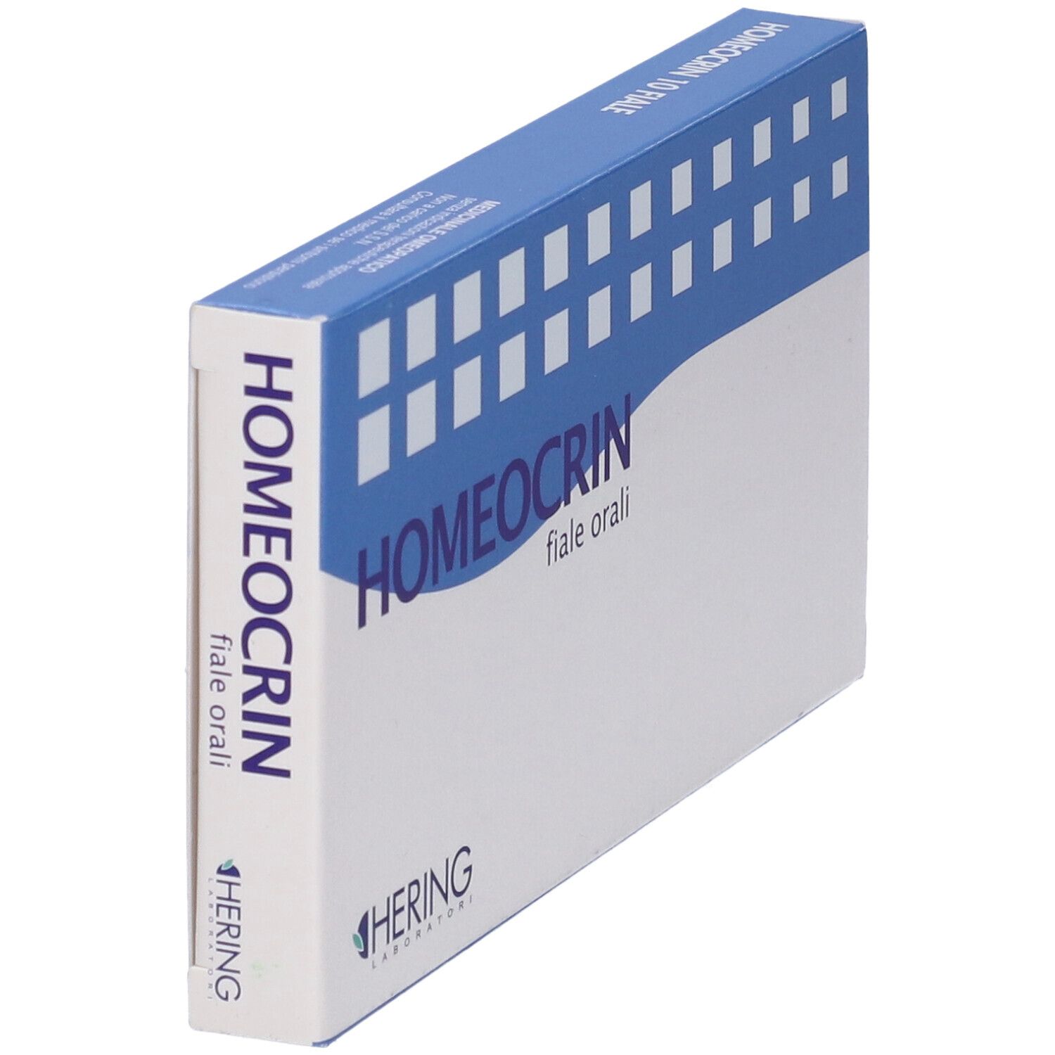 Scatola HOMEOCRIN, logo HERING. Design blu e bianco. "fiale orali". Vista obliqua.