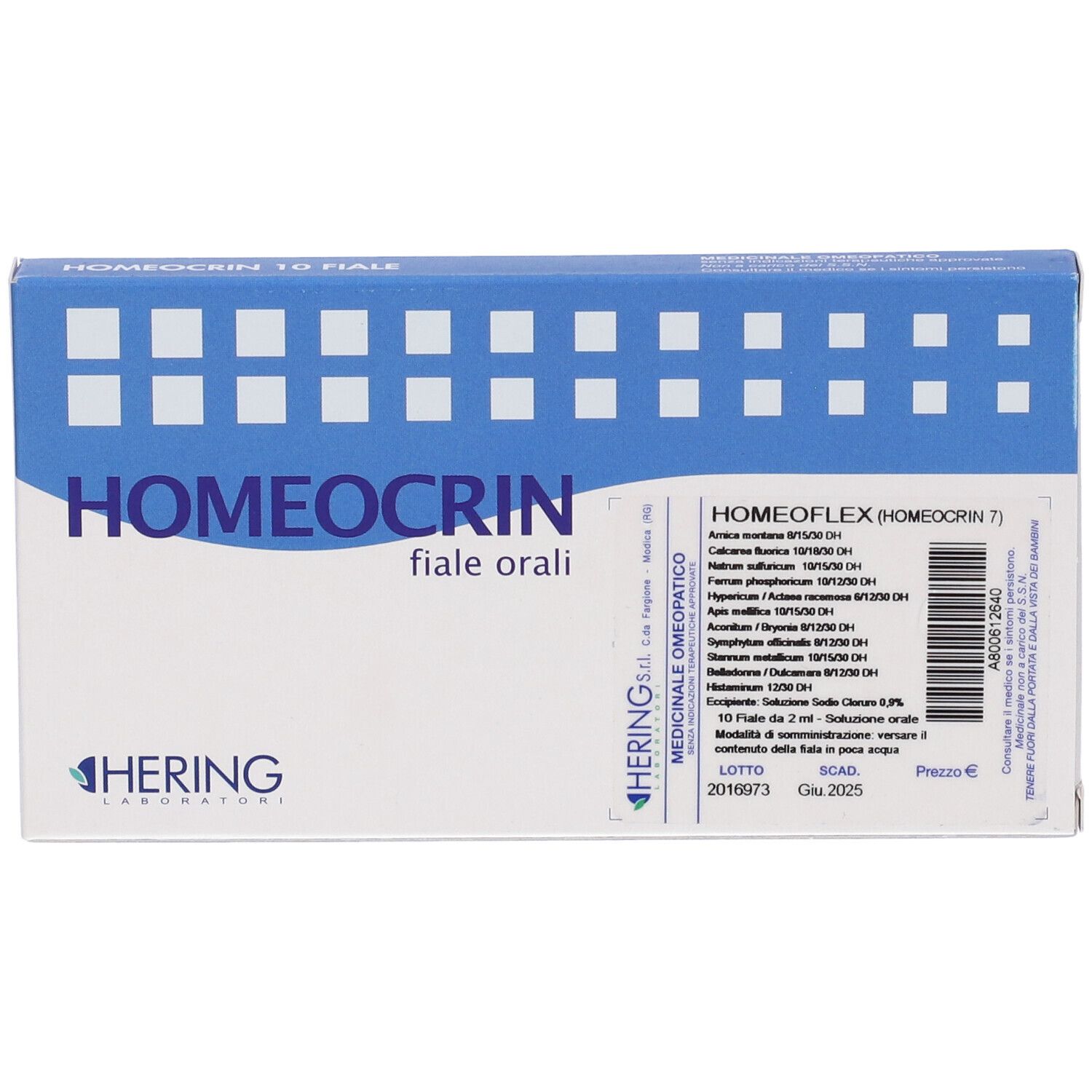 Scatola HOMEOCRIN, logo HERING. Contiene HOMEOFLEX (HOMEOCRIN 7). Design blu e bianco. "fiale orali".