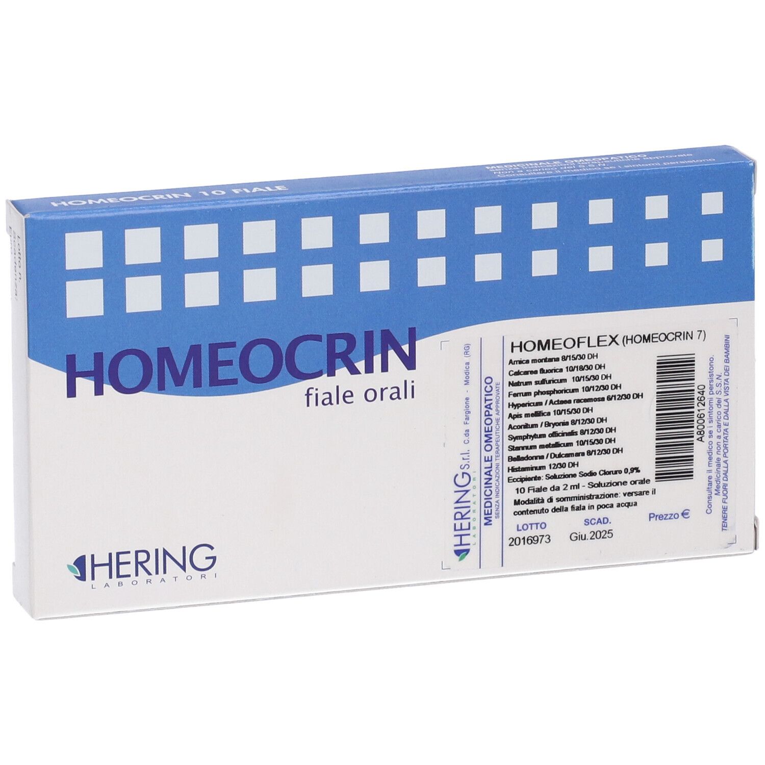 Scatola HOMEOCRIN, logo HERING. Contiene HOMEOFLEX (HOMEOCRIN 7). Design blu e bianco. "fiale orali".